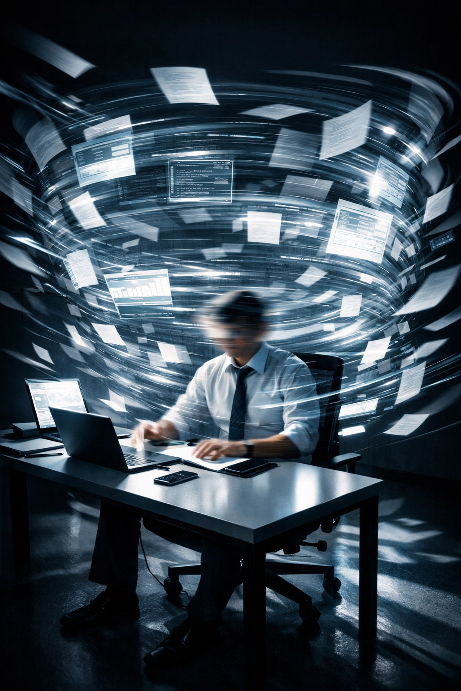 An office worker overwhelmed by a cyclone of digital screens, depicting employee burnout and AI intensification.