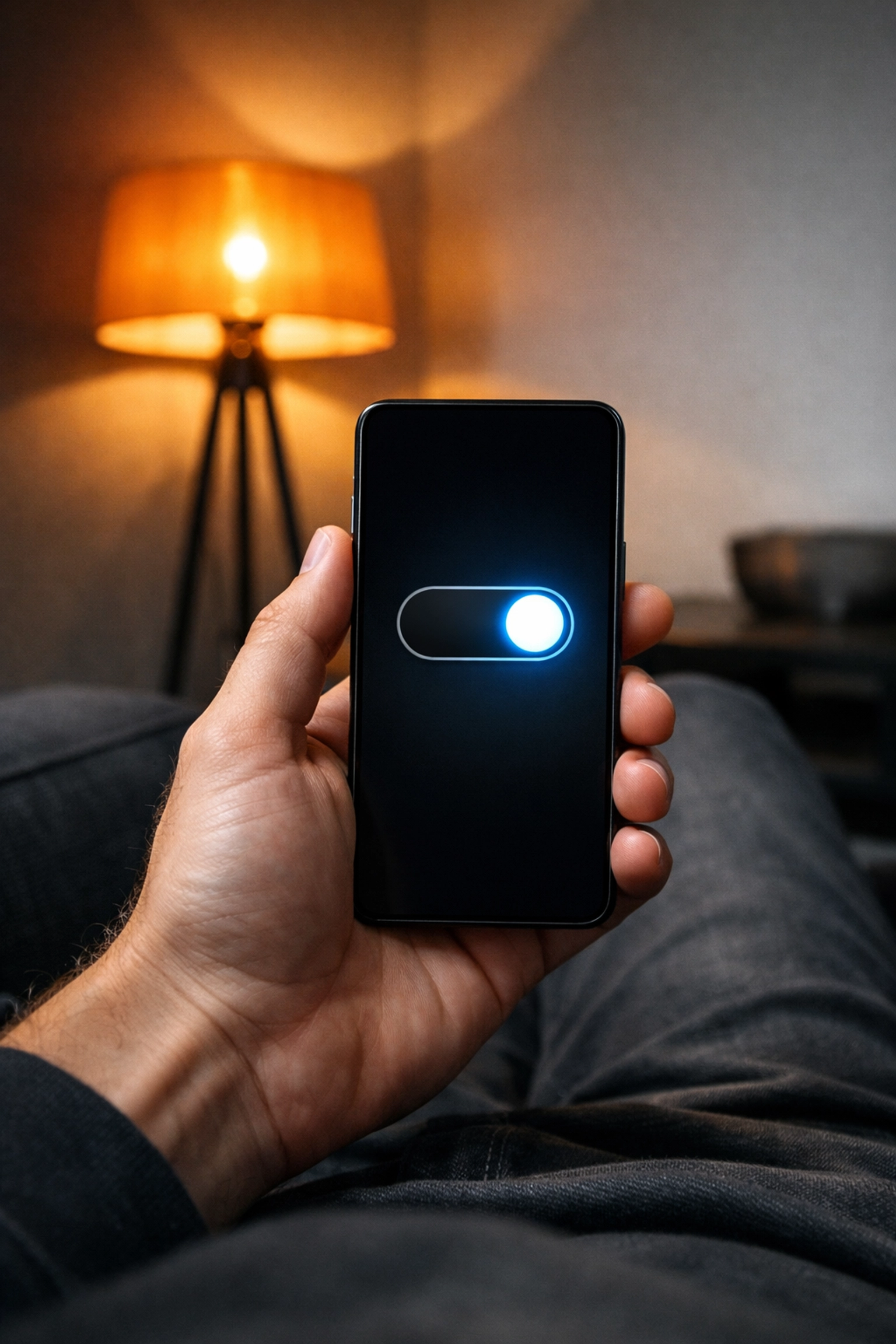 Χειρισμός έξυπνου φωτισμού WiFi μέσω εφαρμογής smartphone από τον καναπέ.