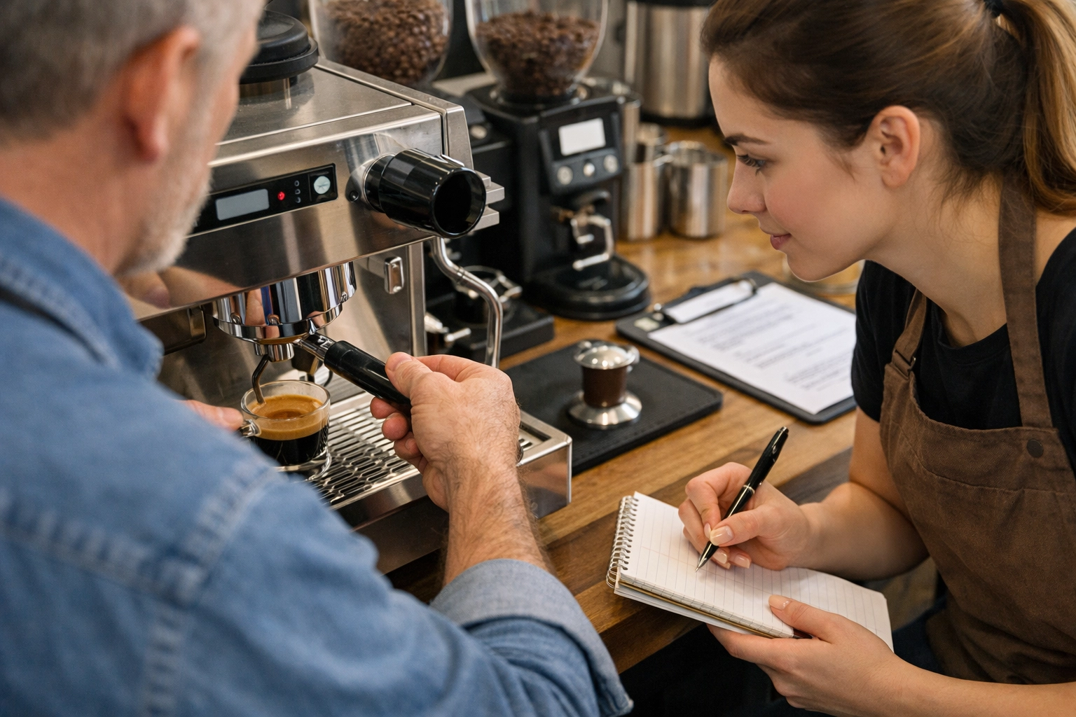 Professional barista training session showing espresso extraction technique instruction