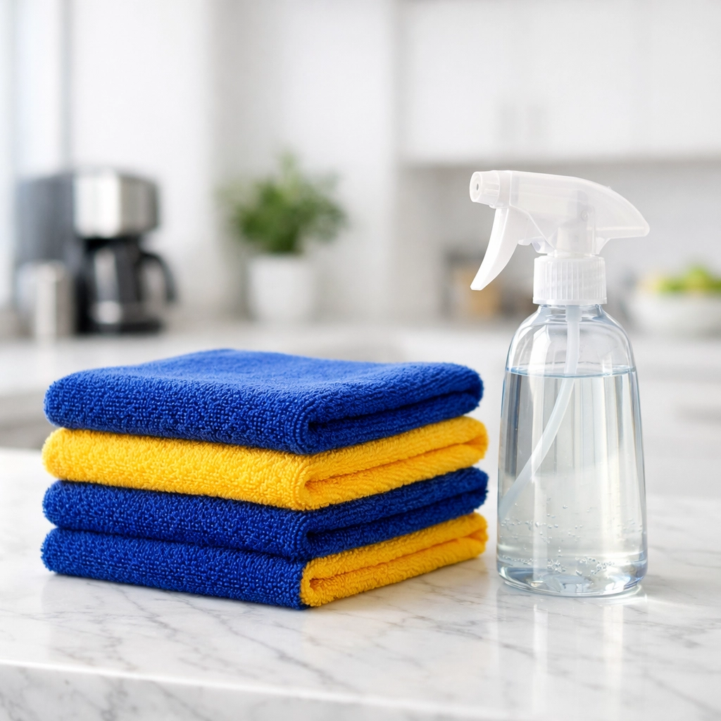 Eco-friendly cleaning supplies and microfiber cloths used for sanitized office cleaning in Burlington.