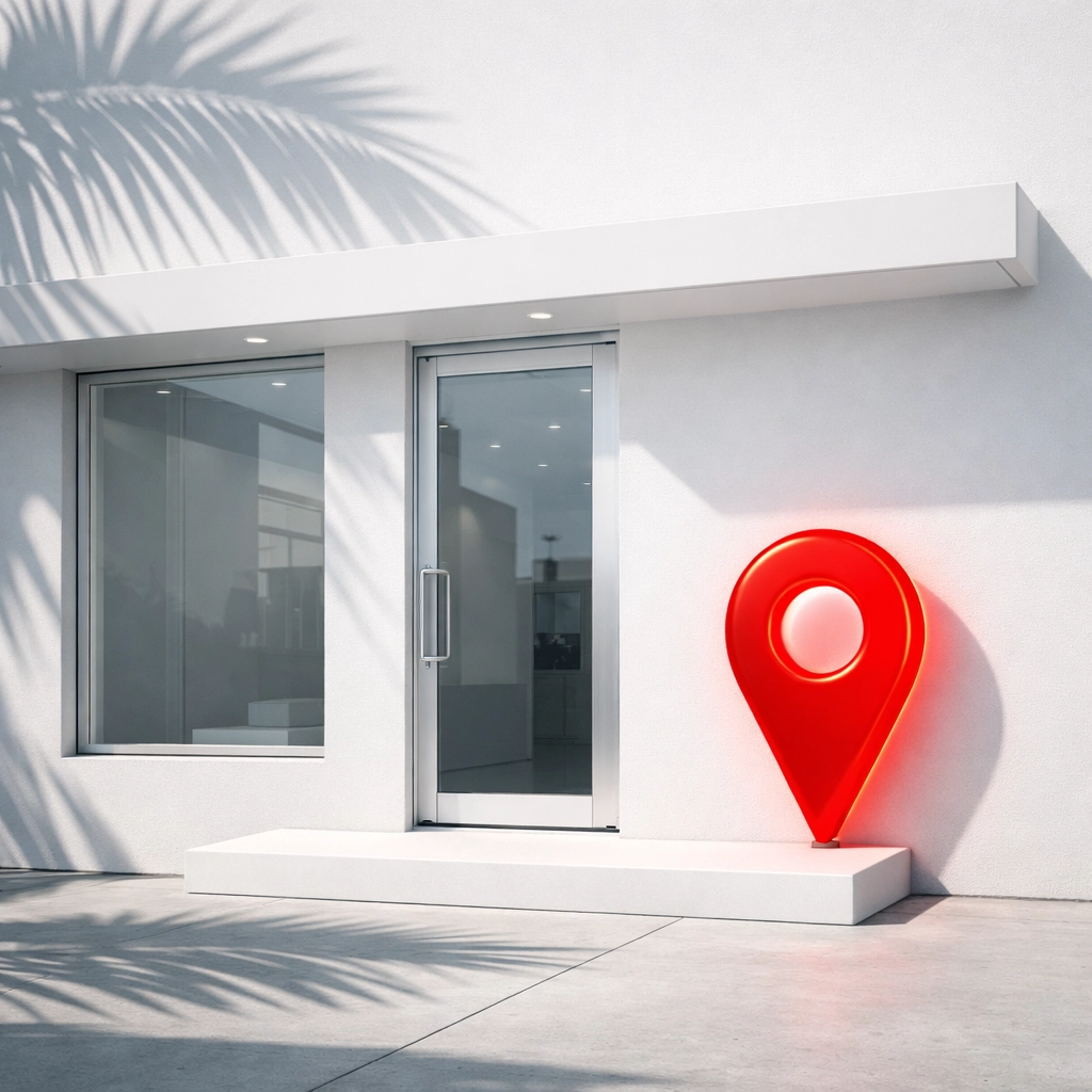 Local Miami storefront with a location pin highlighting effective SEO services Miami and business visibility.