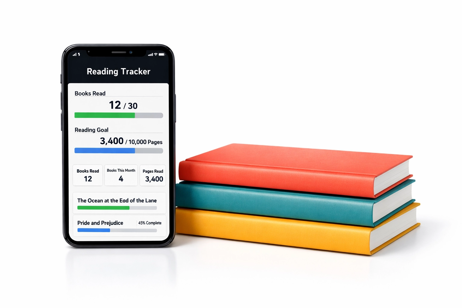 Smartphone with reading tracker app next to colorful novellas for tracking reading goals
