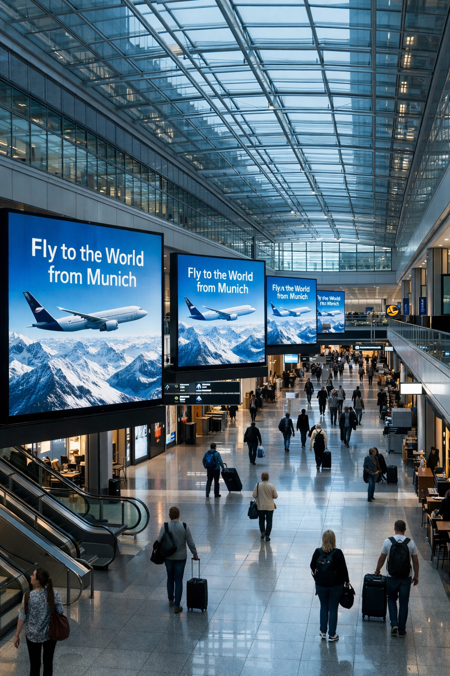 High-definition digital out-of-home ad screens in a Munich airport terminal targeting global travelers.