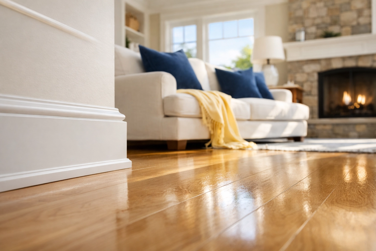 Pristine white baseboards and polished hardwood floors in a deep cleaned Brewster, MA home.