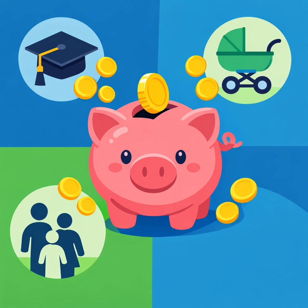 Piggy bank with icons for childcare and education tax credits to help taxpayers maximize tax refund.