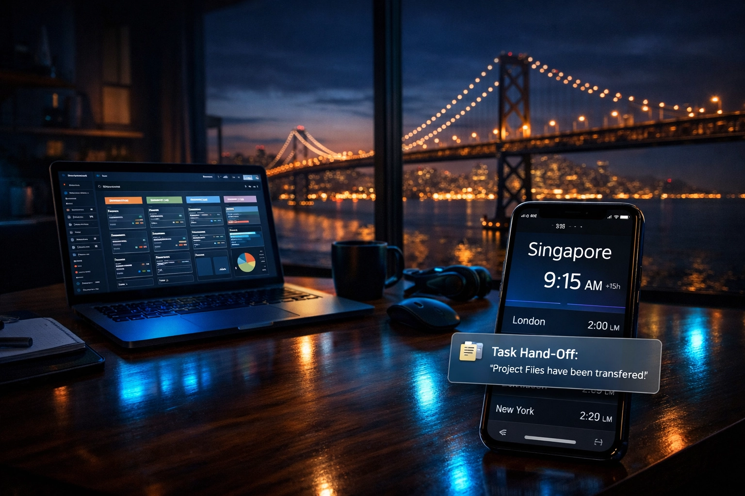 High-tech home office with a smartphone displaying Singapore time for a global project hand-off.