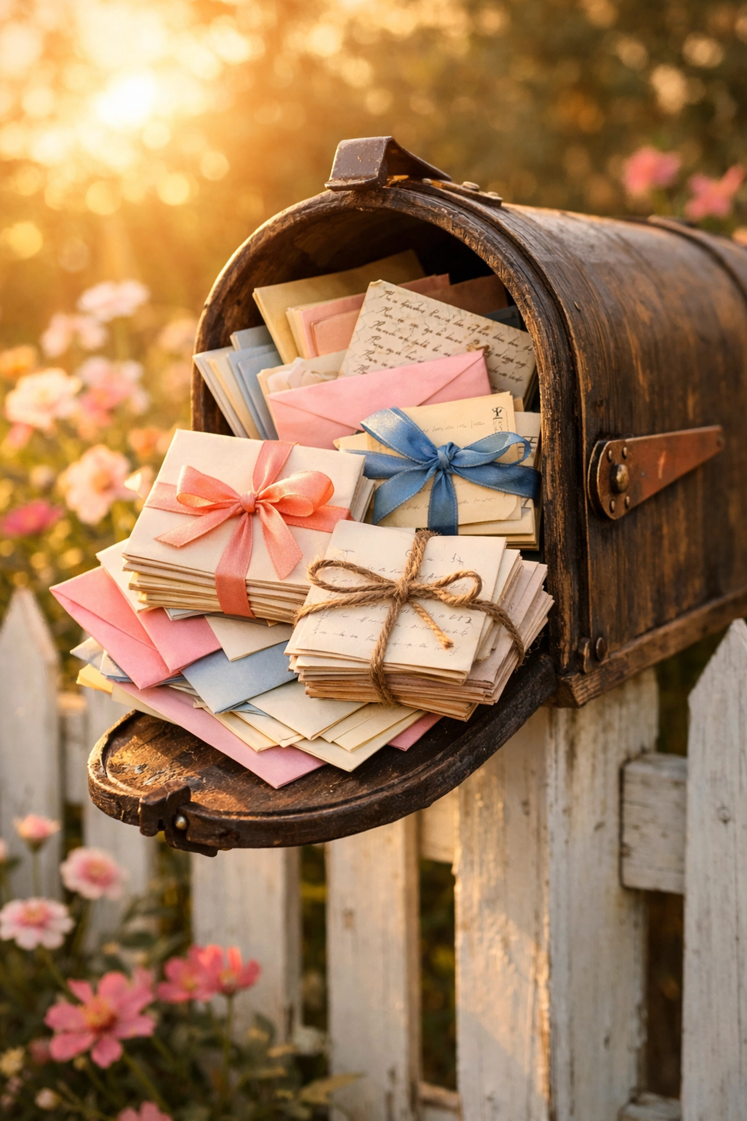 Mailbox overflowing with handwritten letters and colorful envelopes from pen pals