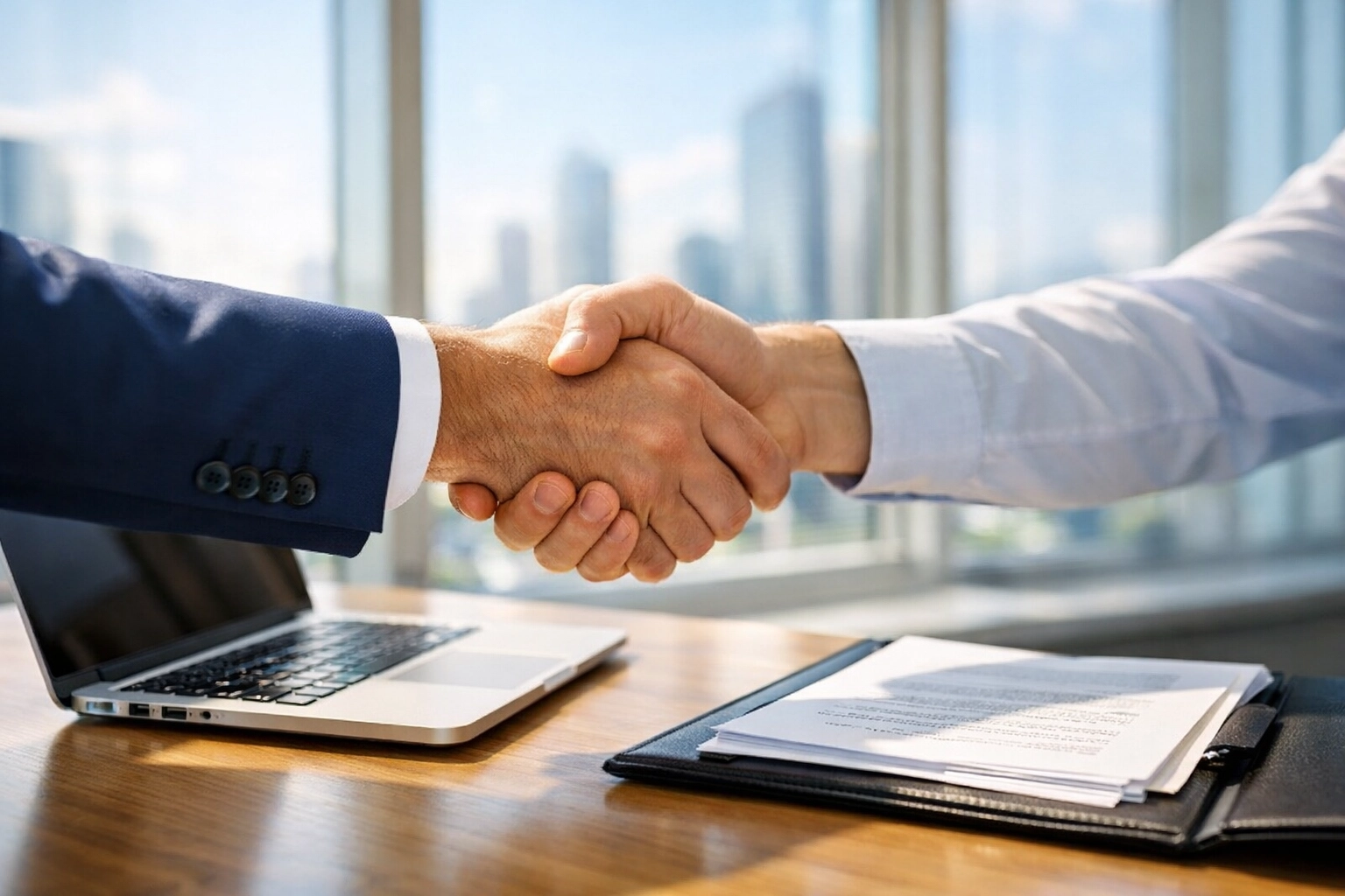 A firm handshake between a consultant and a client, representing a successful Canadian immigration consultation.