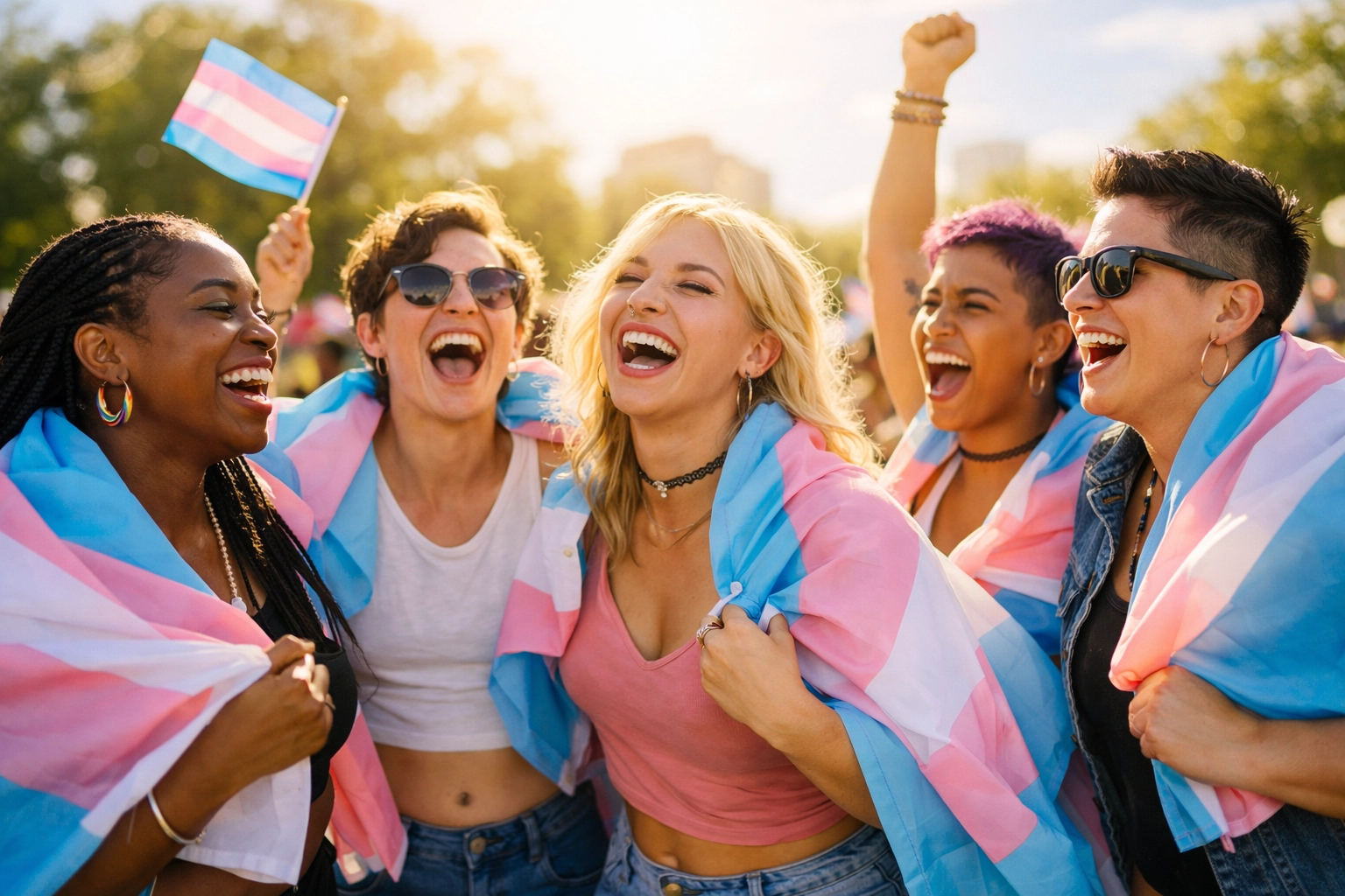 A diverse group of transgender people celebrating with pride flags at a sunny outdoor festival.