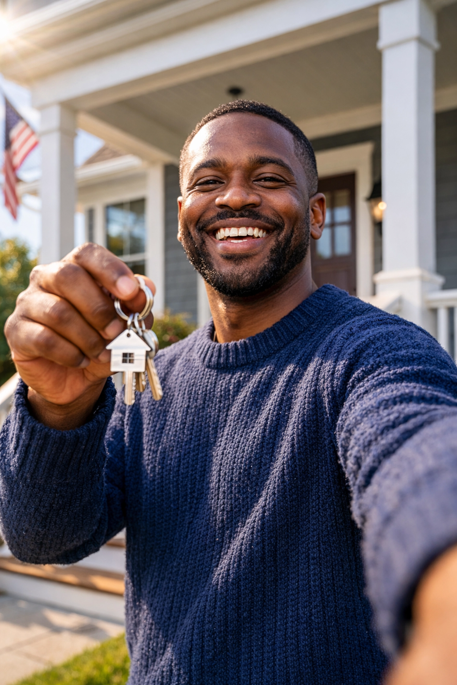 Proud Black man holding keys to his new suburban home, achieving long-term financial stability after displacement.