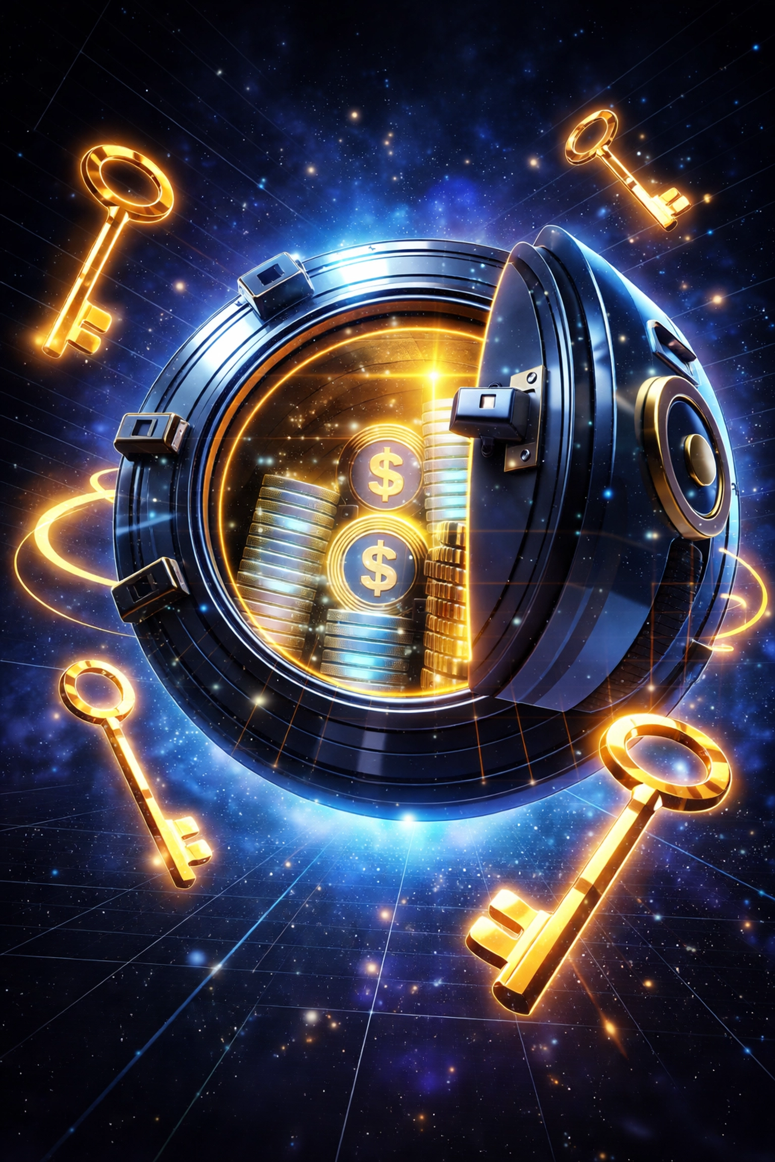 Glowing digital vault with stablecoin tokens and keys in cyberspace, symbolizing secure self-custody in Web3 payments