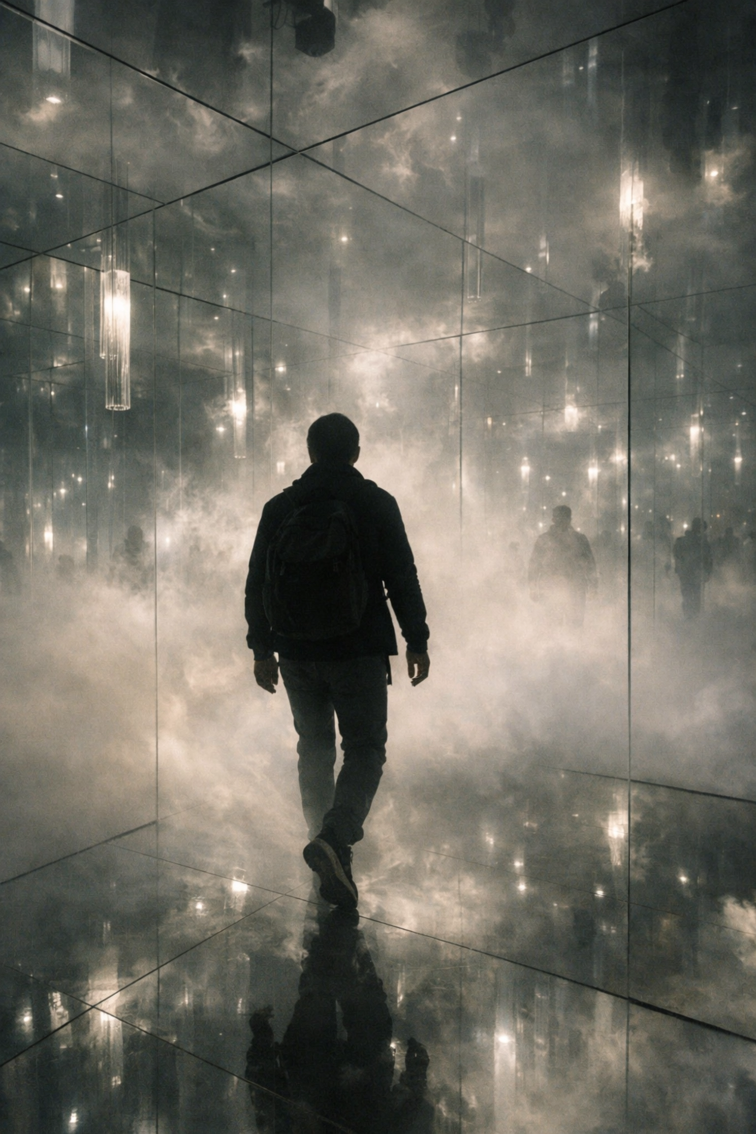 A person exploring an immersive mirrored art installation, one of the unique hidden gems in Miami.
