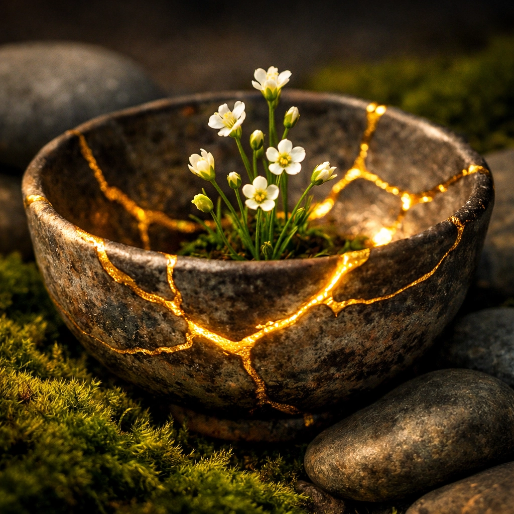 Kintsugi ceramic bowl with gold repairs and wildflowers symbolizing resilience and emotional transformation.