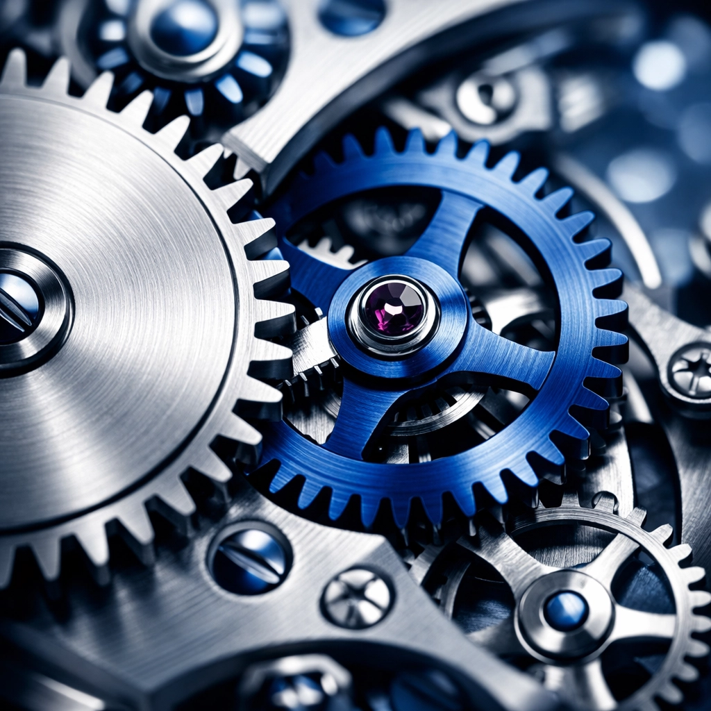 Precision blue mechanical gears representing synchronized small business accounting and year-round tax compliance.
