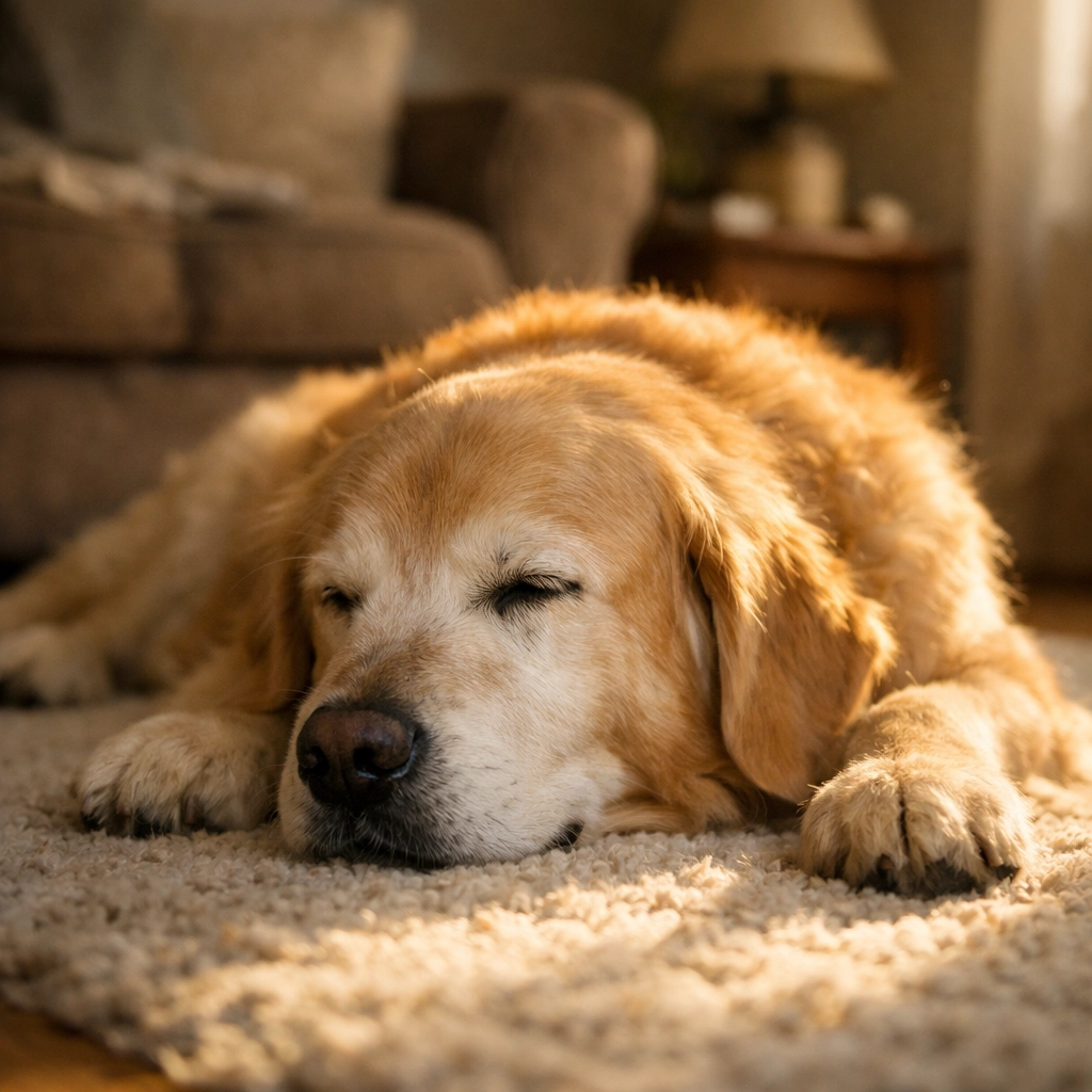 Senior Golden Retriever resting at home, reflecting high quality of life with dog lymphoma.