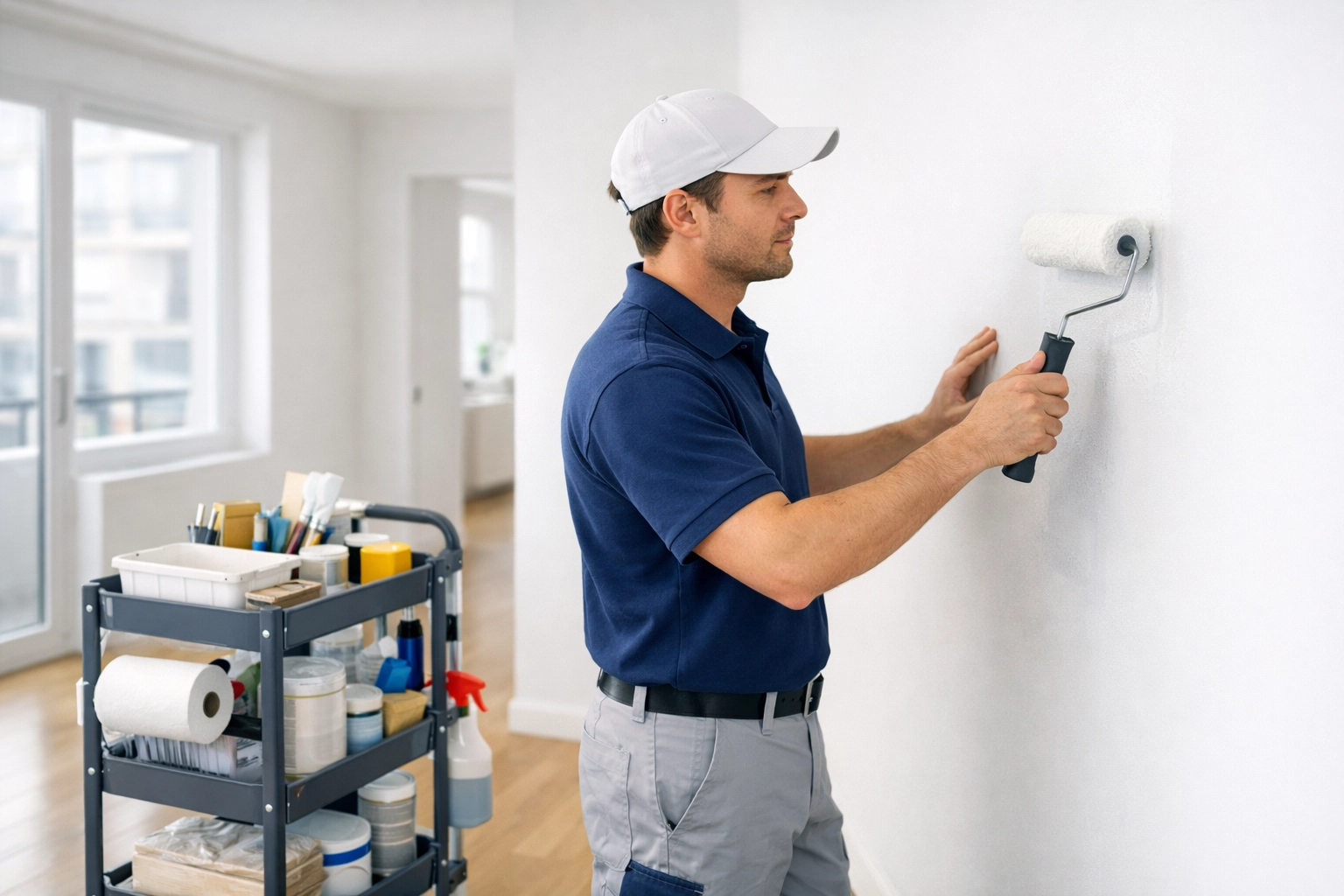 Dedicated maintenance worker painting apartment unit efficiently with organized supply cart