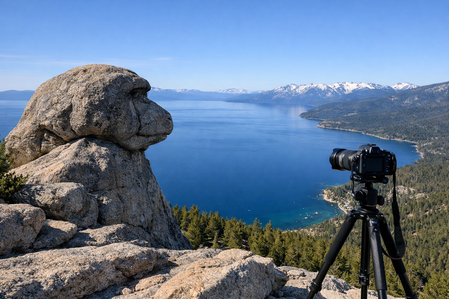 Panoramic view of Lake Tahoe from Monkey Rock, one of the best landscape photo spots in the area.