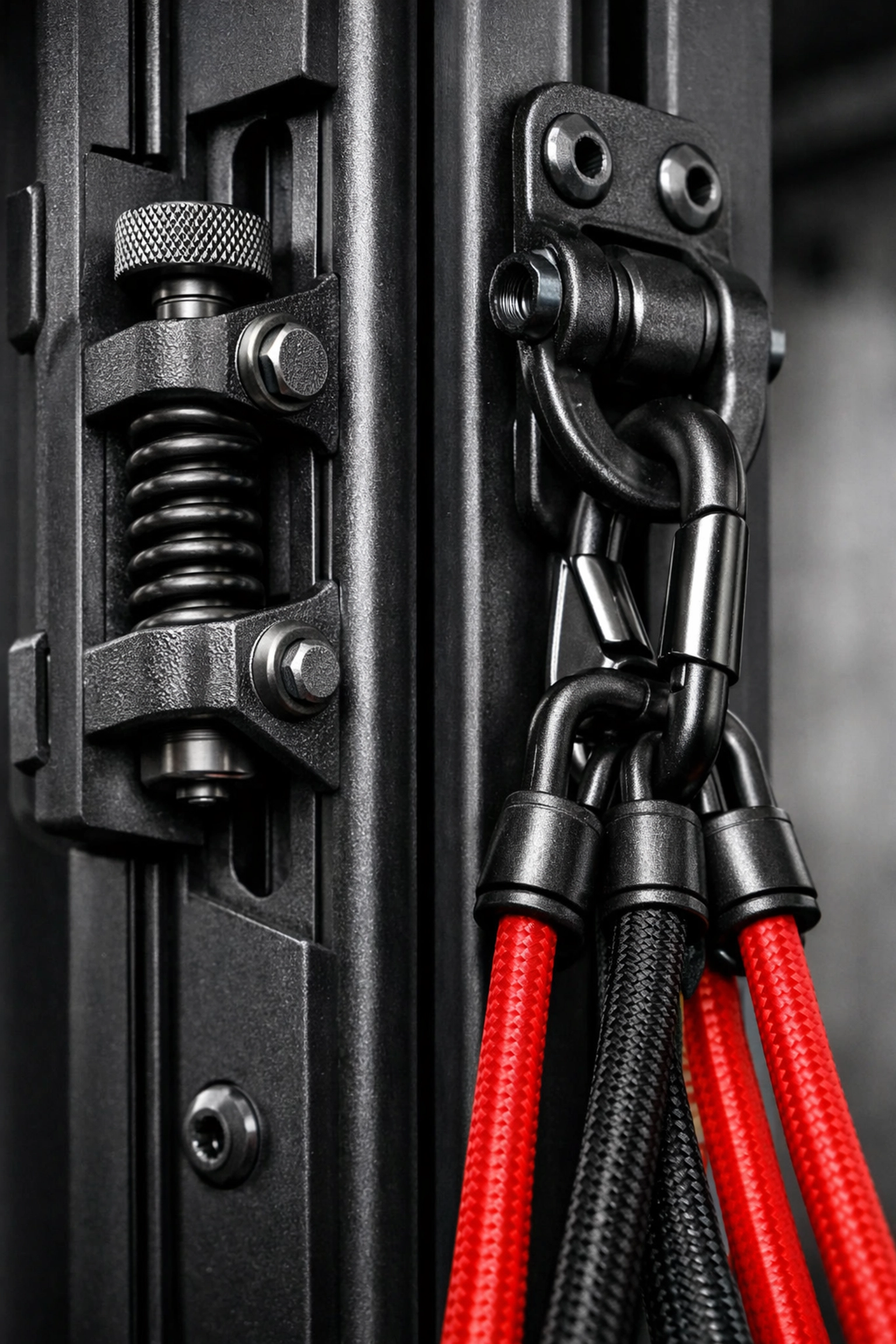 Close-up of a versatile Resistance Rail with anchor points and high-tension resistance bands.