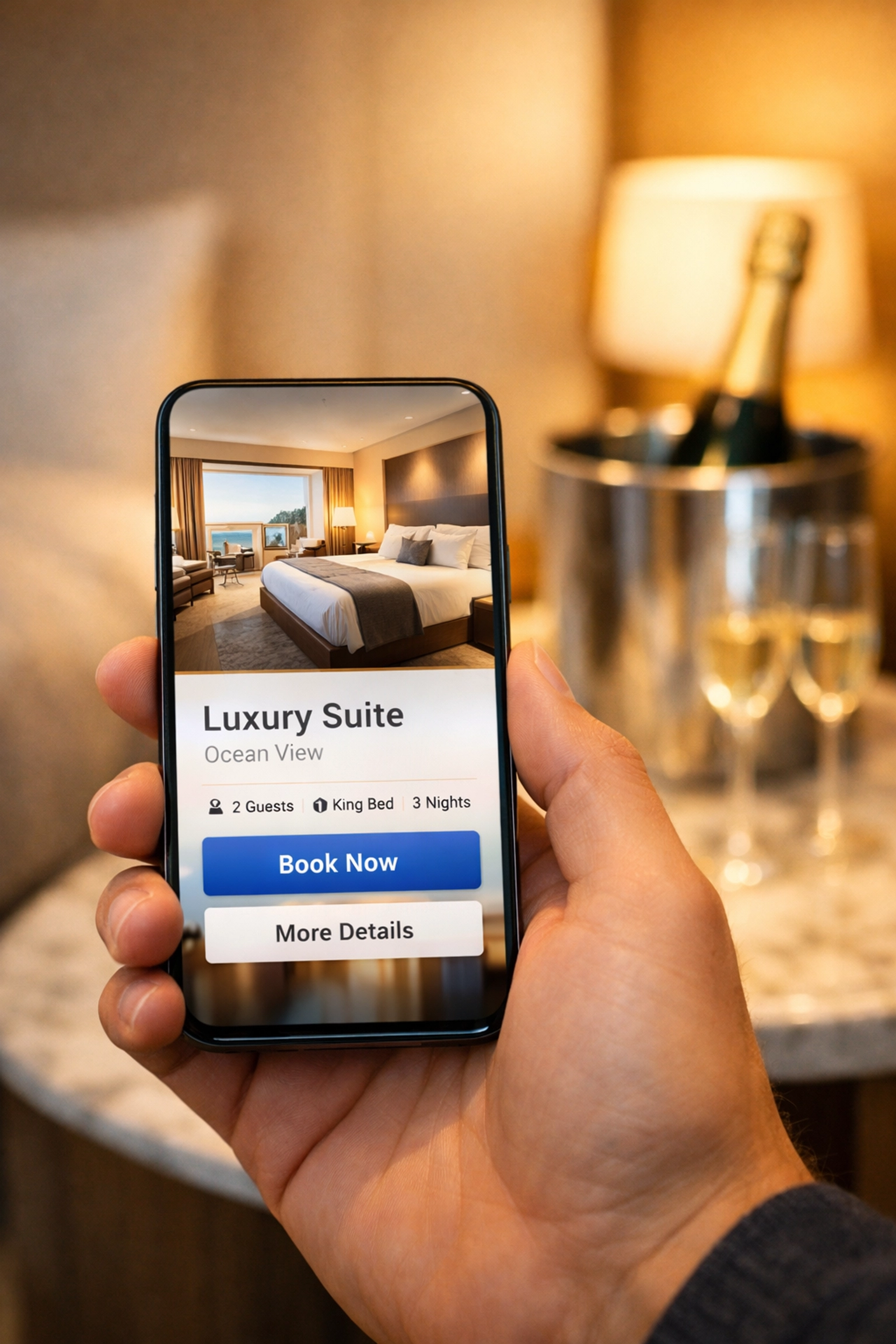 A guest uses a mobile booking engine on their smartphone to book a luxury hotel suite instantly.