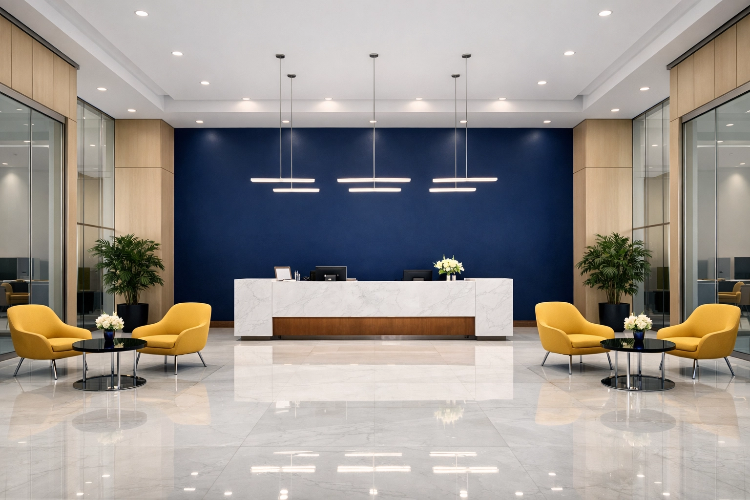 Modern corporate reception area with polished marble floors reflecting a professional and pristine workspace.