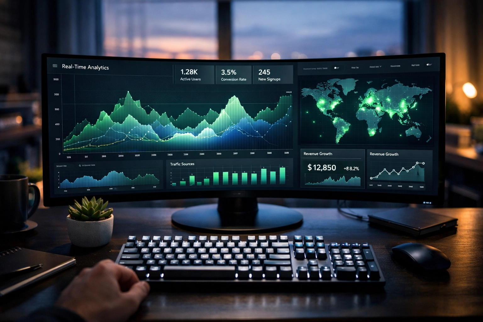 Modern workspace with an SEO analytics dashboard monitoring blog performance and traffic.