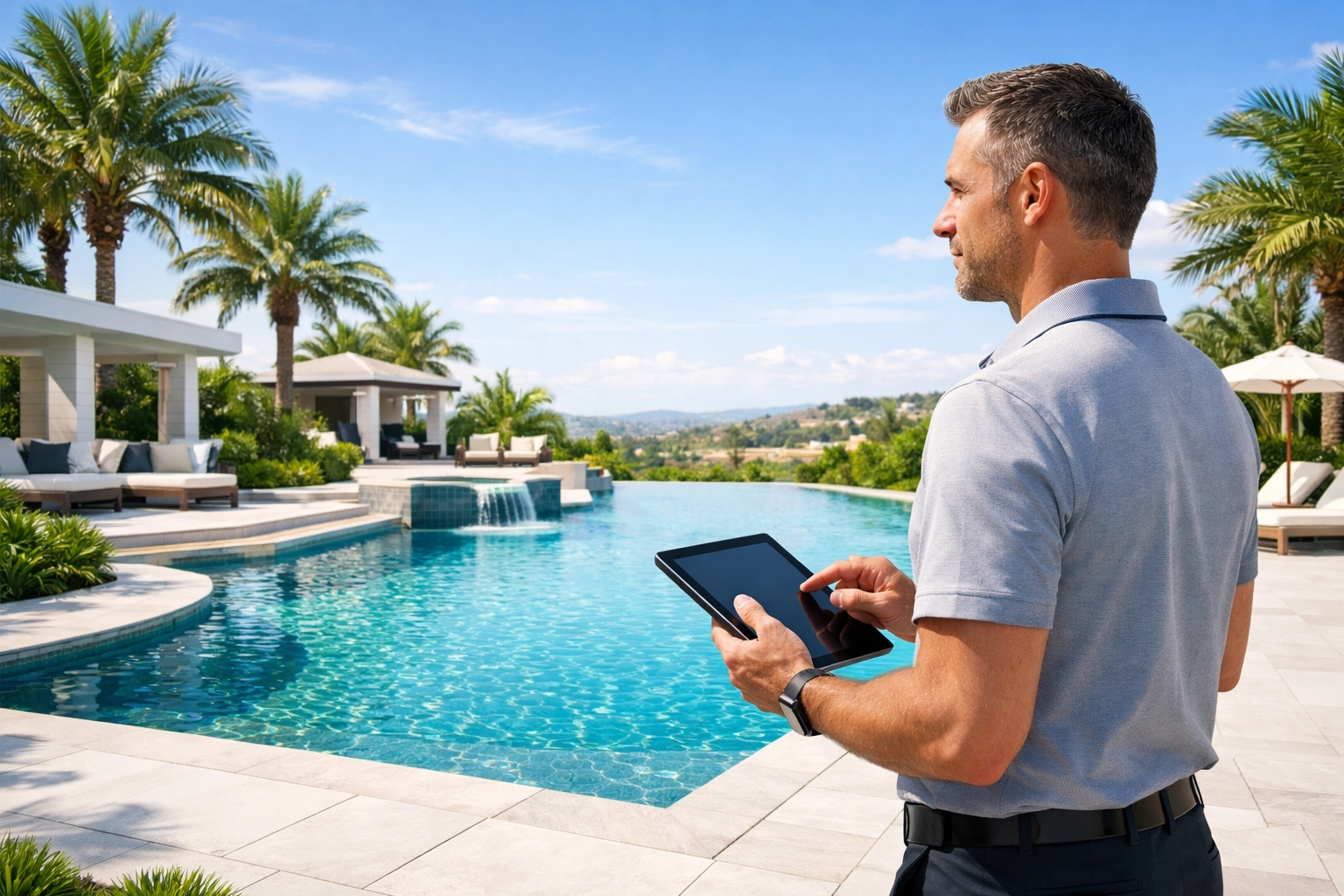Professional pool business owner with a clipboard managing a luxury pool route transition.