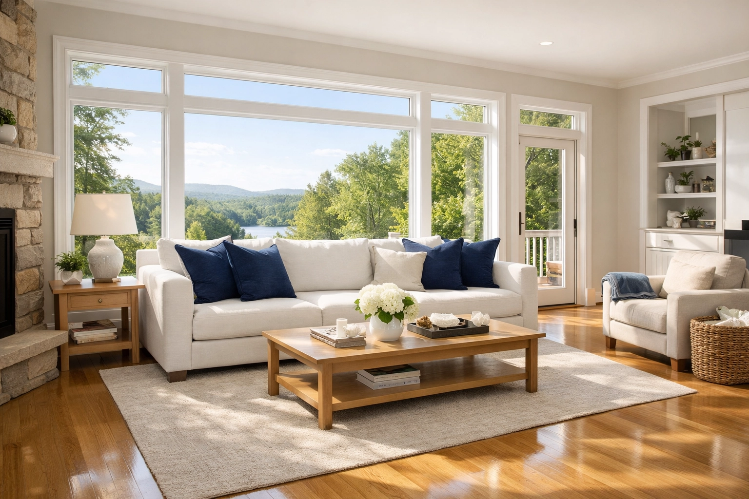 Pristine living room with polished floors showing the benefits of regular house cleaning Ashby MA.
