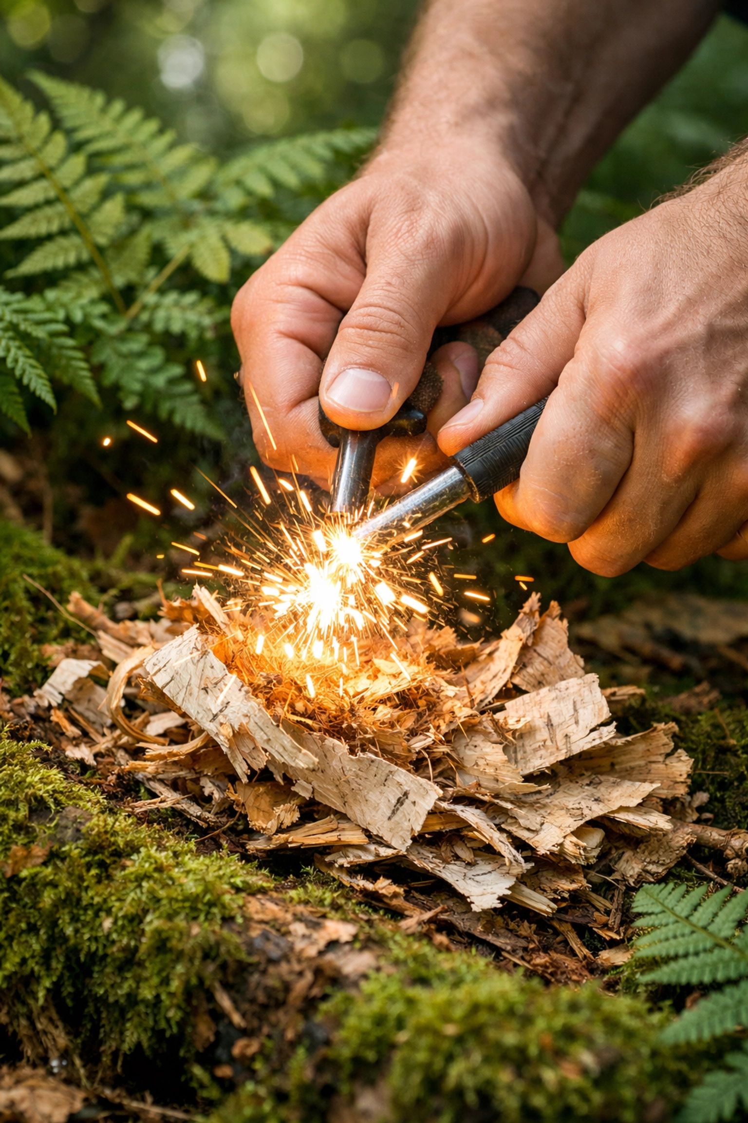 Using a ferrocerium rod to spark a fire on dry birch bark for a camping adventure UK.
