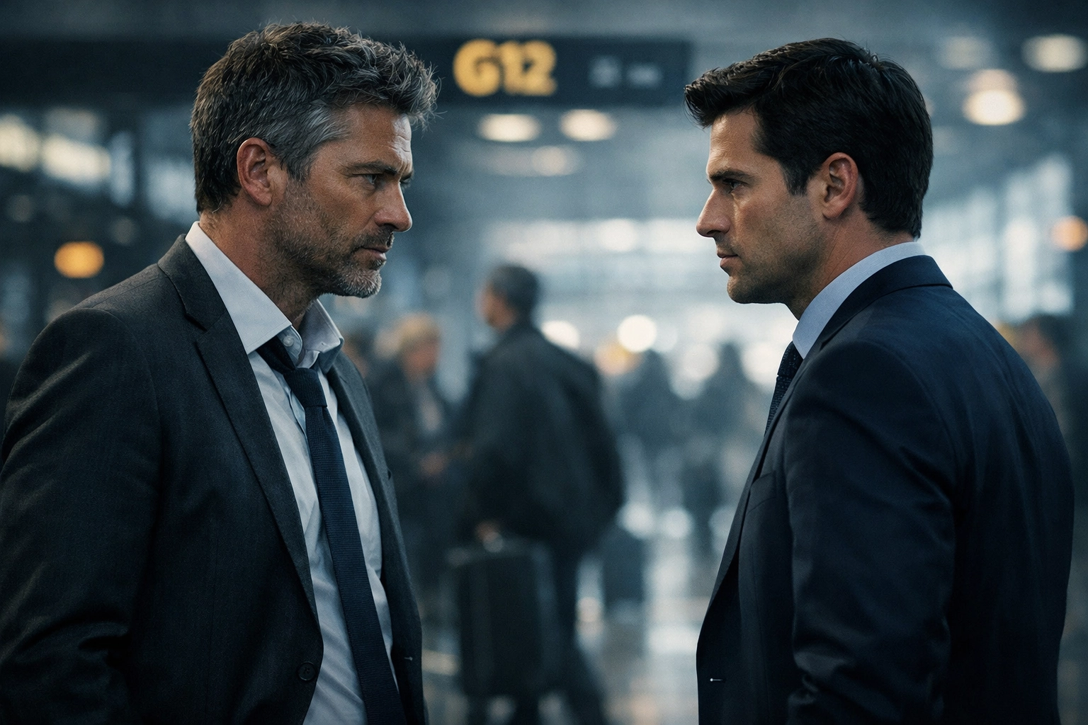 Two business travelers making eye contact across airport terminal at Gate D before MM hookup encounter