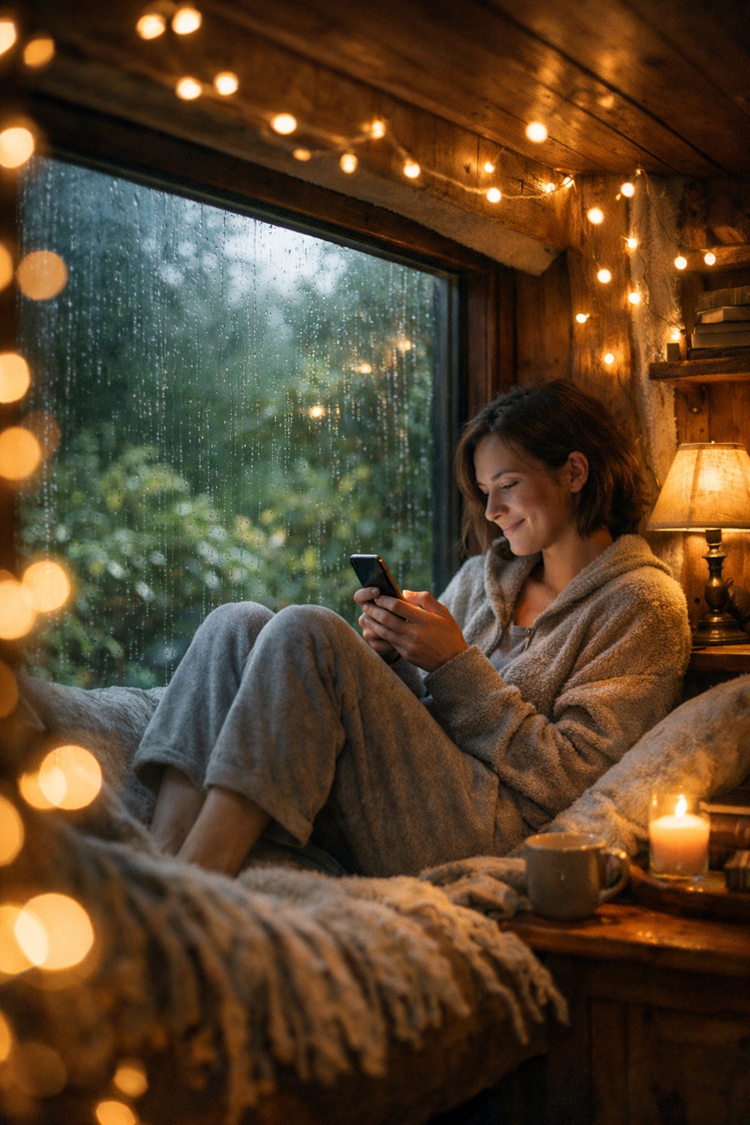 A person in a cozy home nook using a smartphone for private online therapy and mental health support.