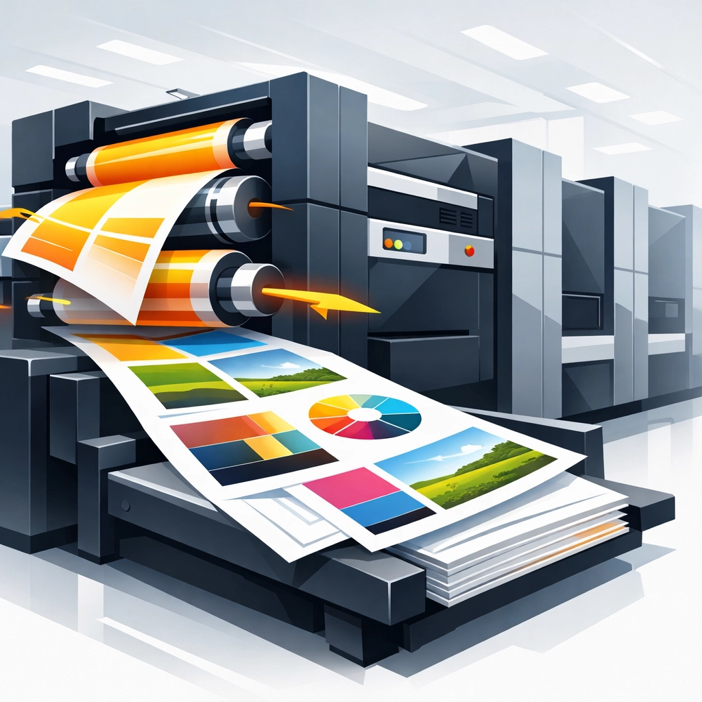 Modern digital printing press producing vibrant printed materials in production facility