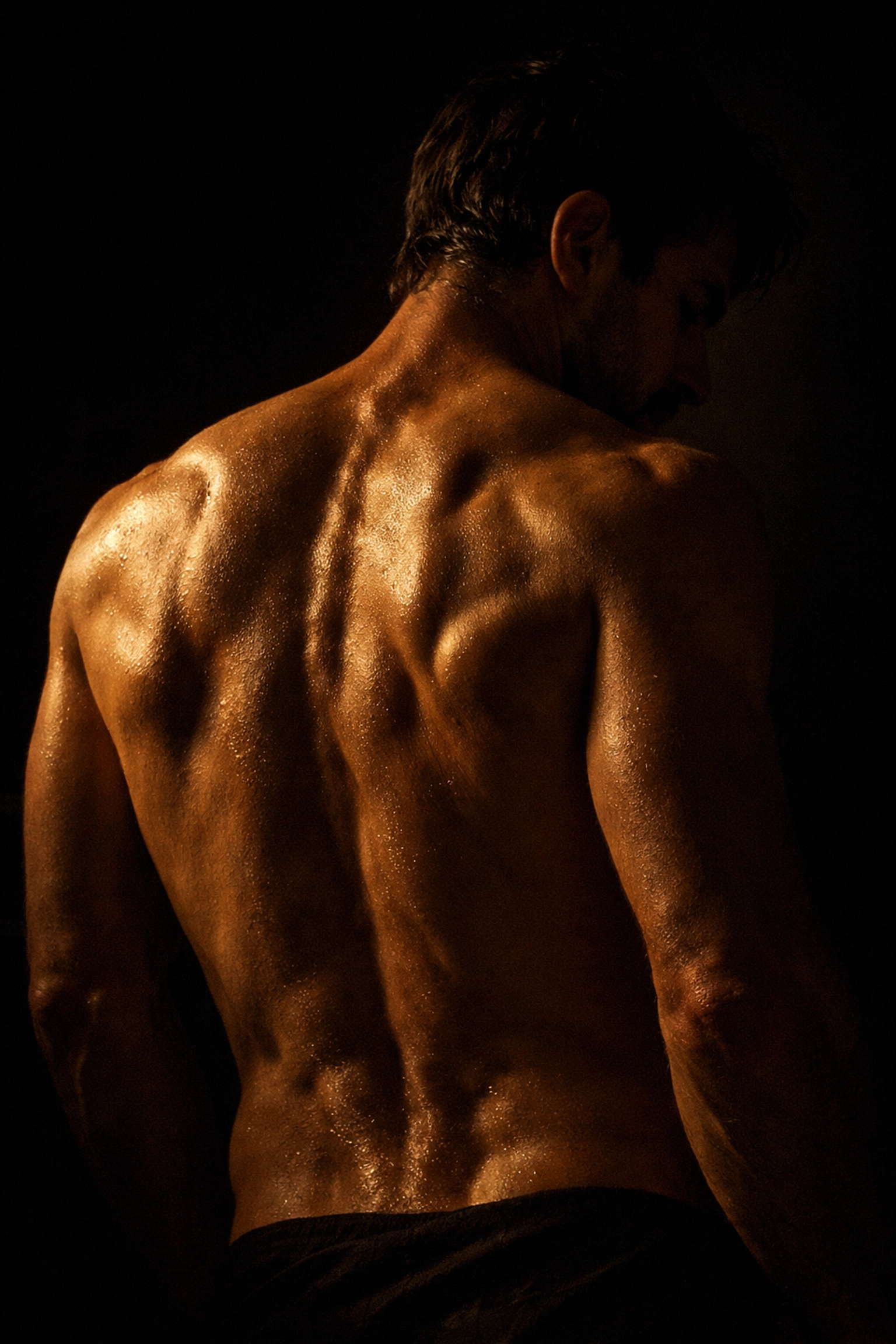 A man’s naked back with warm lighting on the rhomboids and spine, highlighting the aesthetic power of gay art.