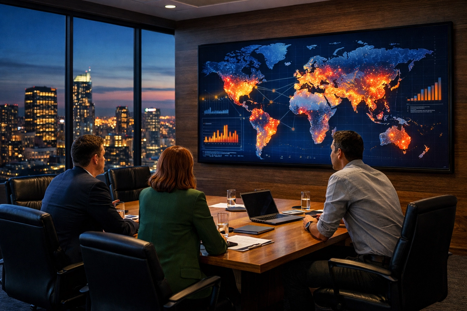 Music marketing agency experts reviewing strategic global data during an industry consulting session.