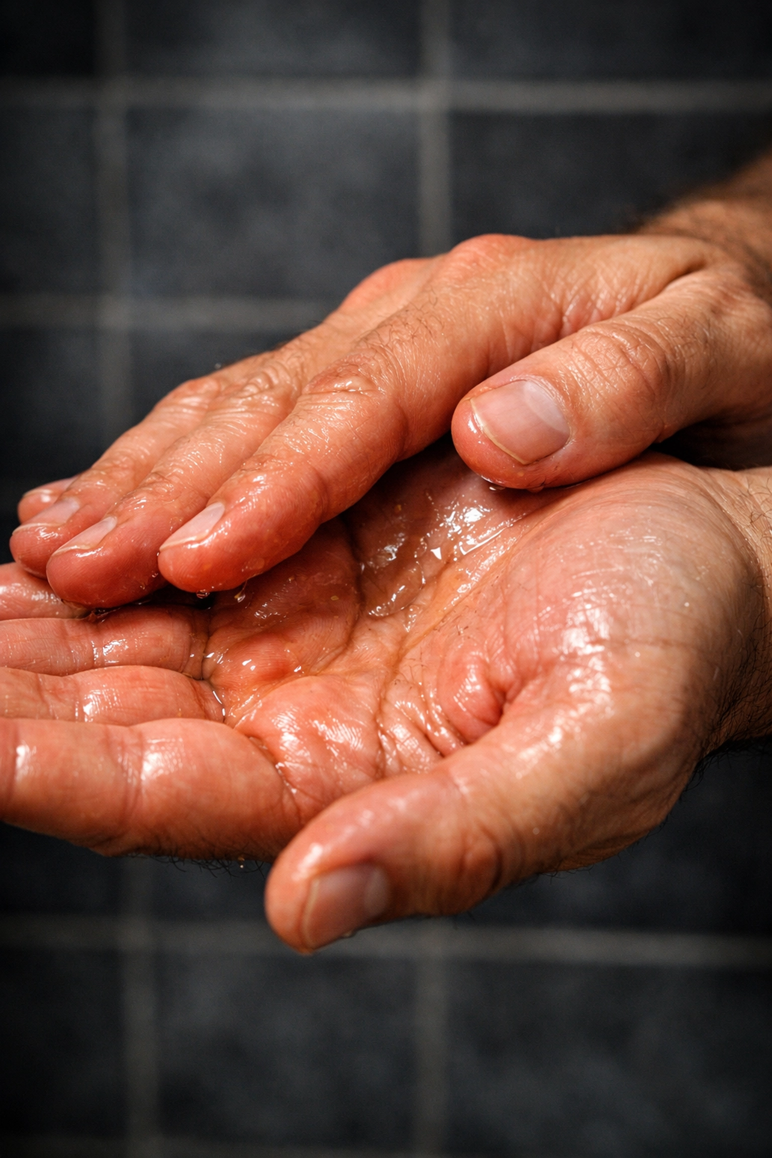 A man rubbing premium beard oil between his palms for a smooth, non-greasy application.