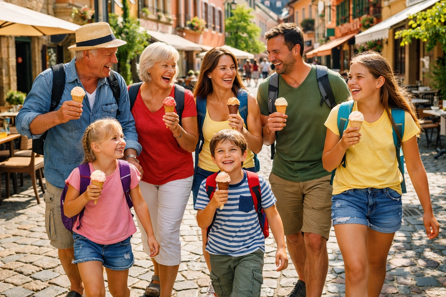 Multi-generational family enjoying cheap city break in Europe with ice cream