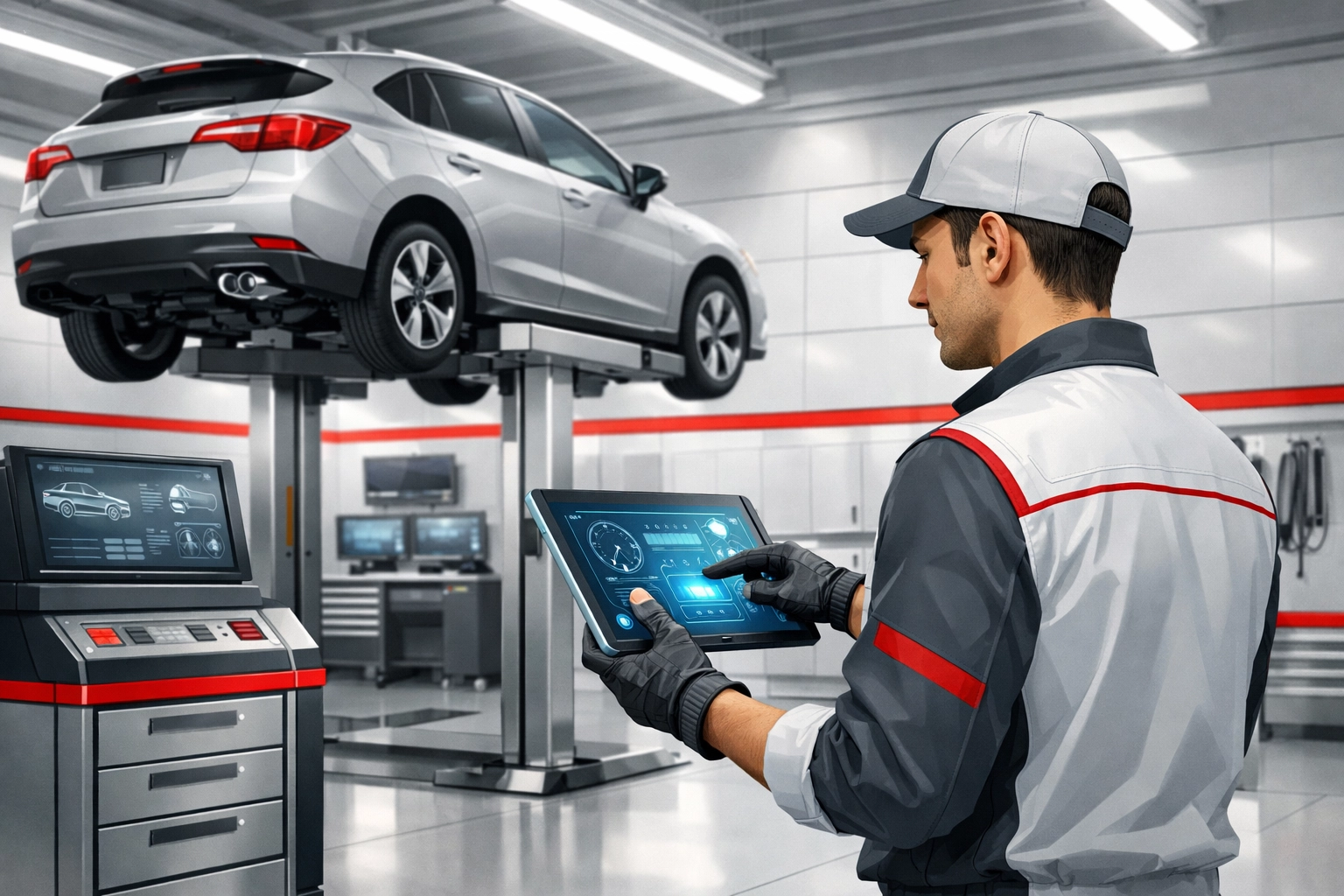 Modern dealership service bay with a technician using a tablet to manage high-priority vehicle safety repairs.