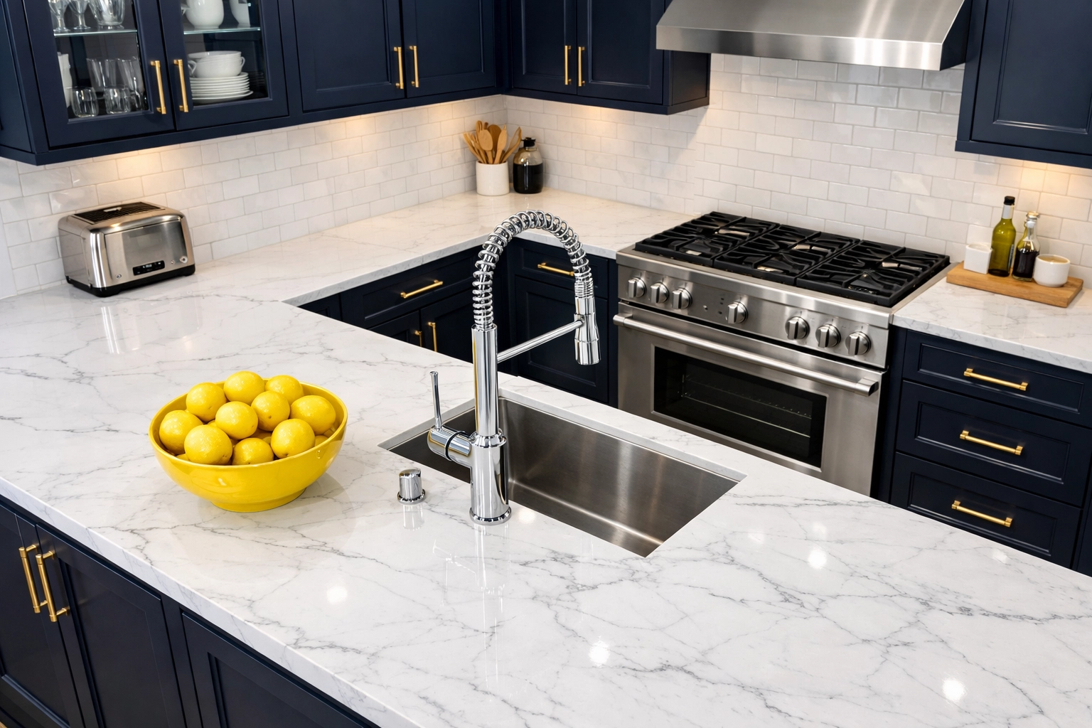 Spotless modern kitchen with marble countertops prepared for a professional real estate showing.