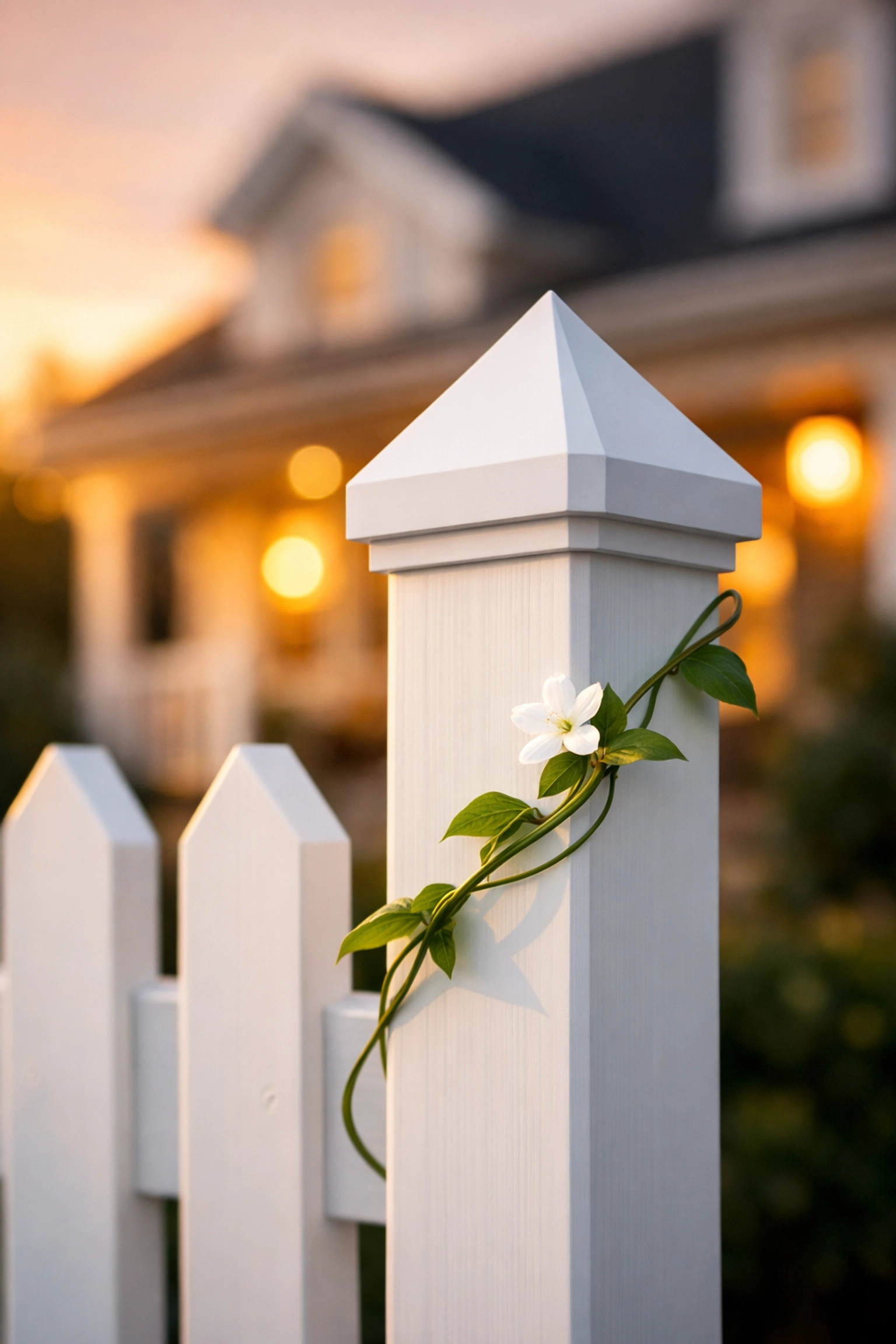 A classic white picket fence in front of a warm suburban home, representing Houston real estate.
