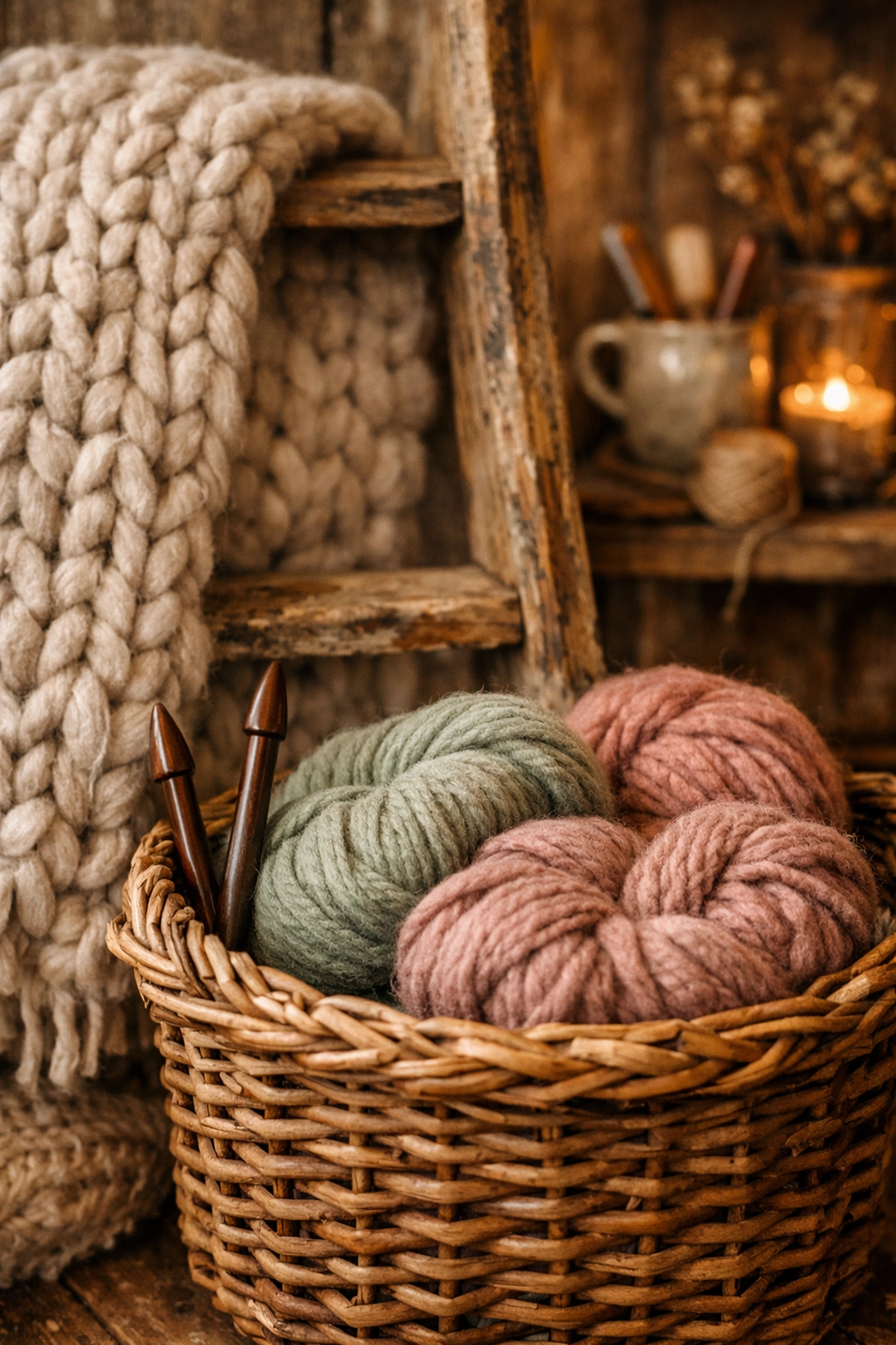 Cozy craft corner featuring handcrafted textiles, a wool blanket, and yarn for unique handmade gifts.