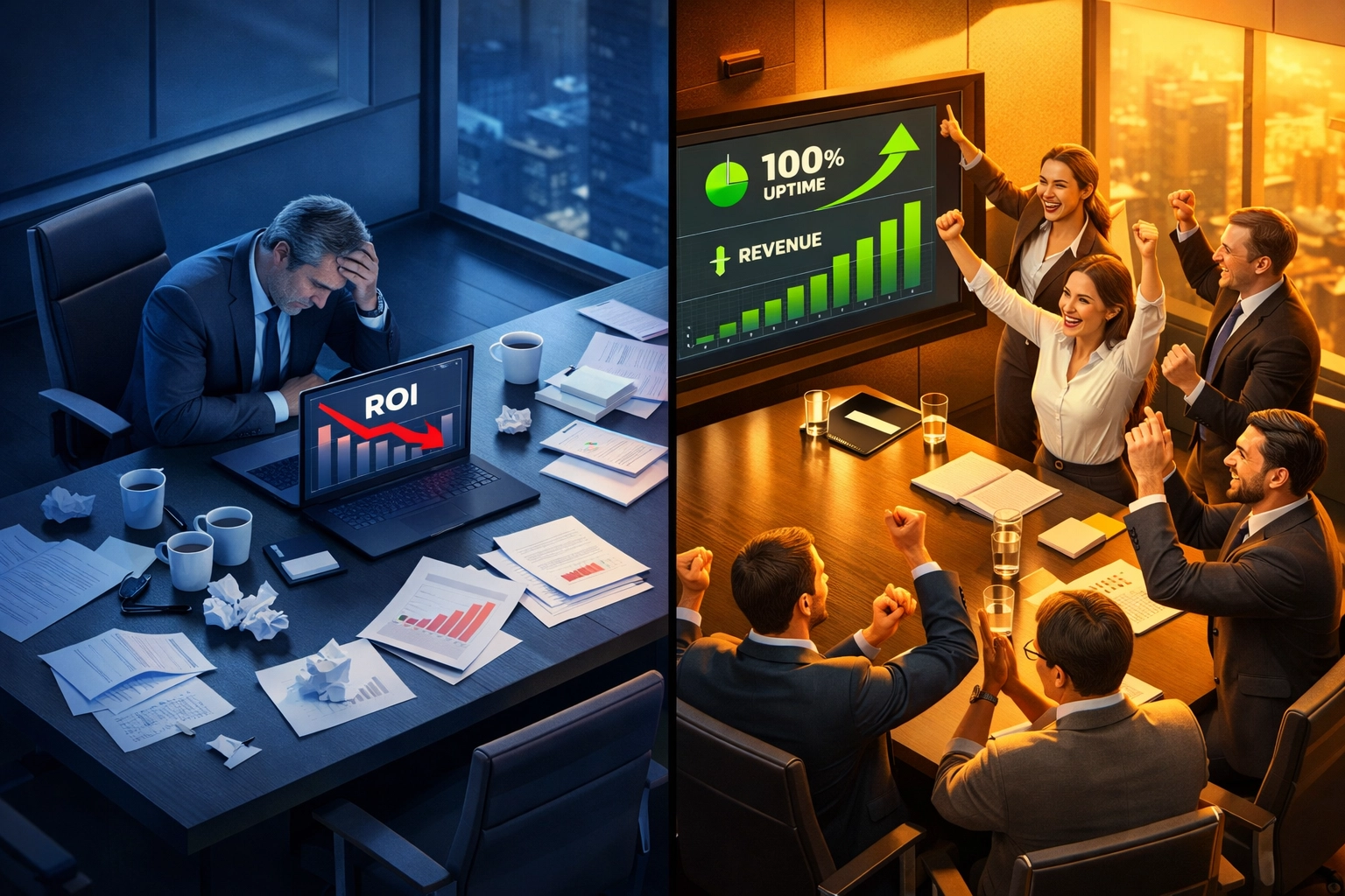 ServiceNow ITOM ROI comparison showing failed vs successful implementation outcomes