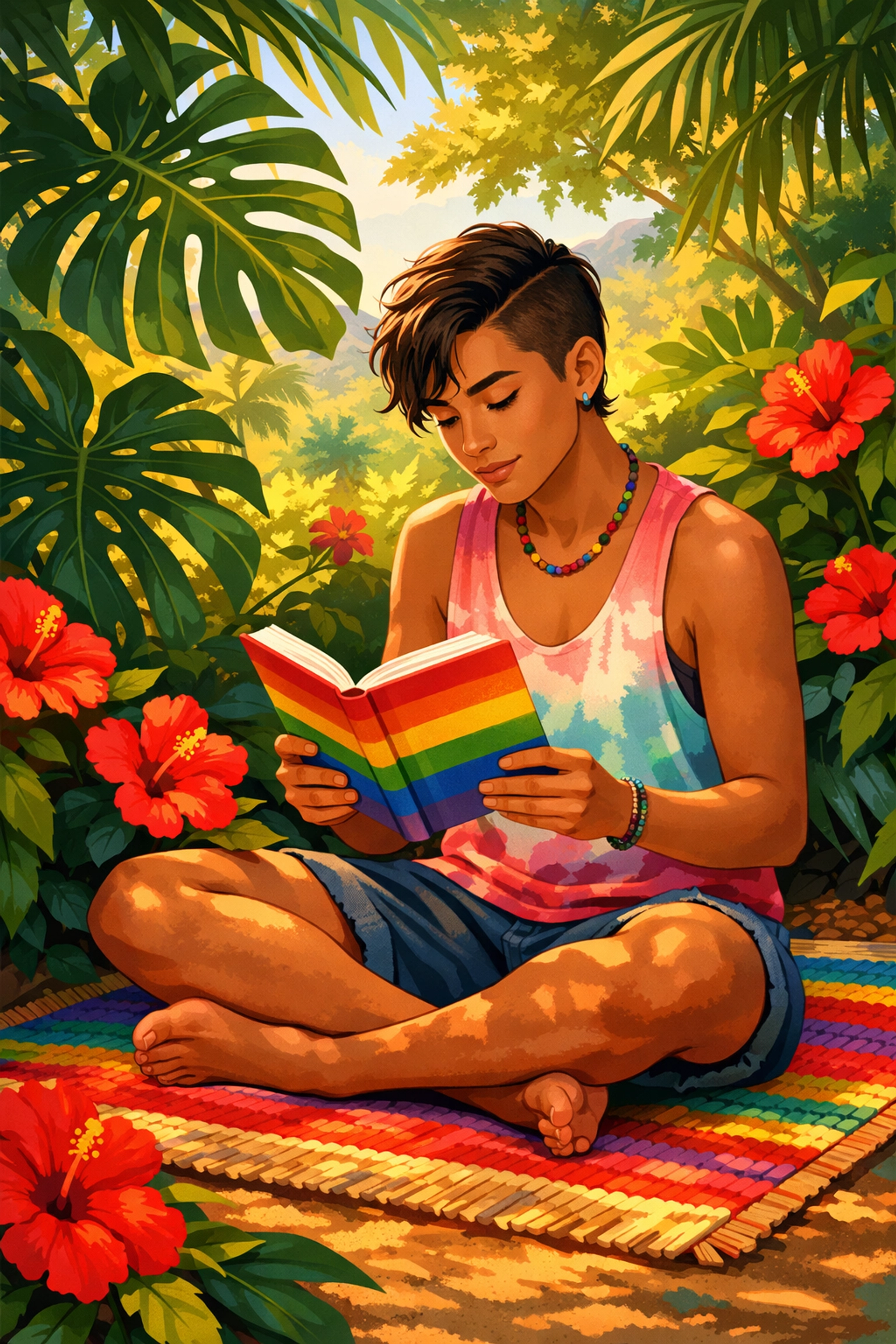 A young person reading LGBTQ+ fiction in a lush tropical garden, representing the power of queer stories.