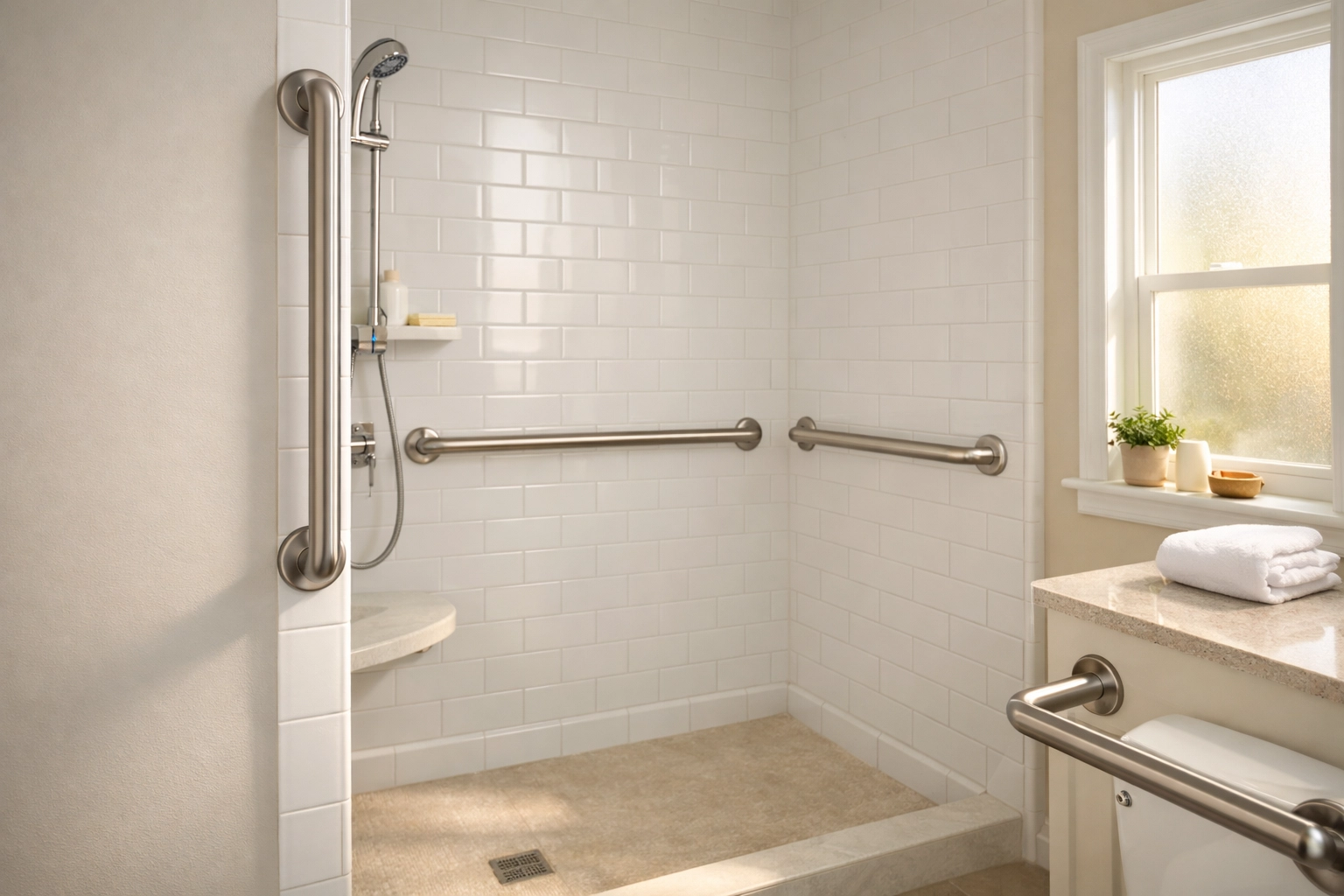 Horizontal and vertical stainless steel shower grab bars for elderly safety in a modern tiled bathroom.