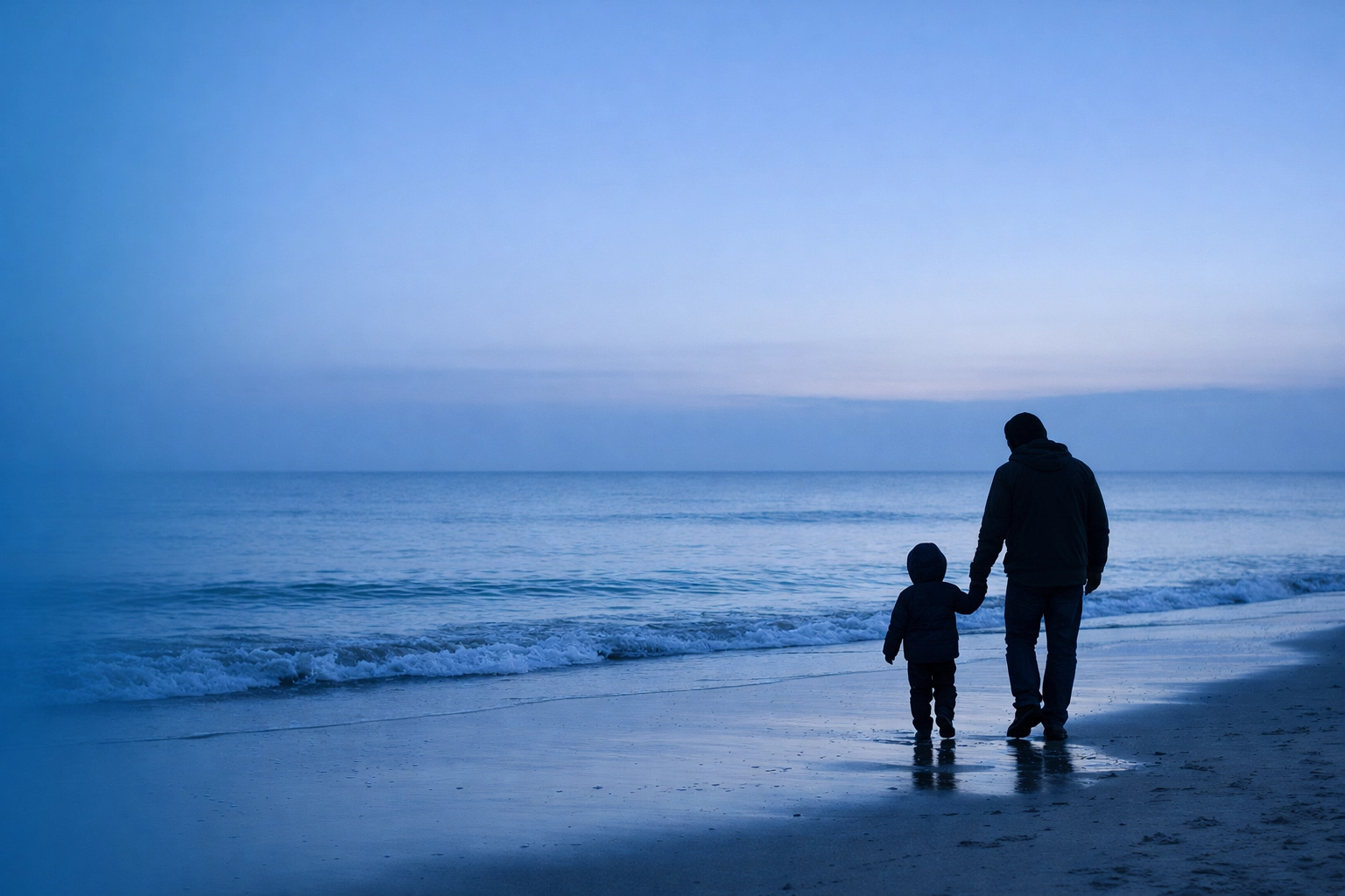 A parent and child walking on the Virginia Beach shore, symbolizing a stable future through a child custody plan.