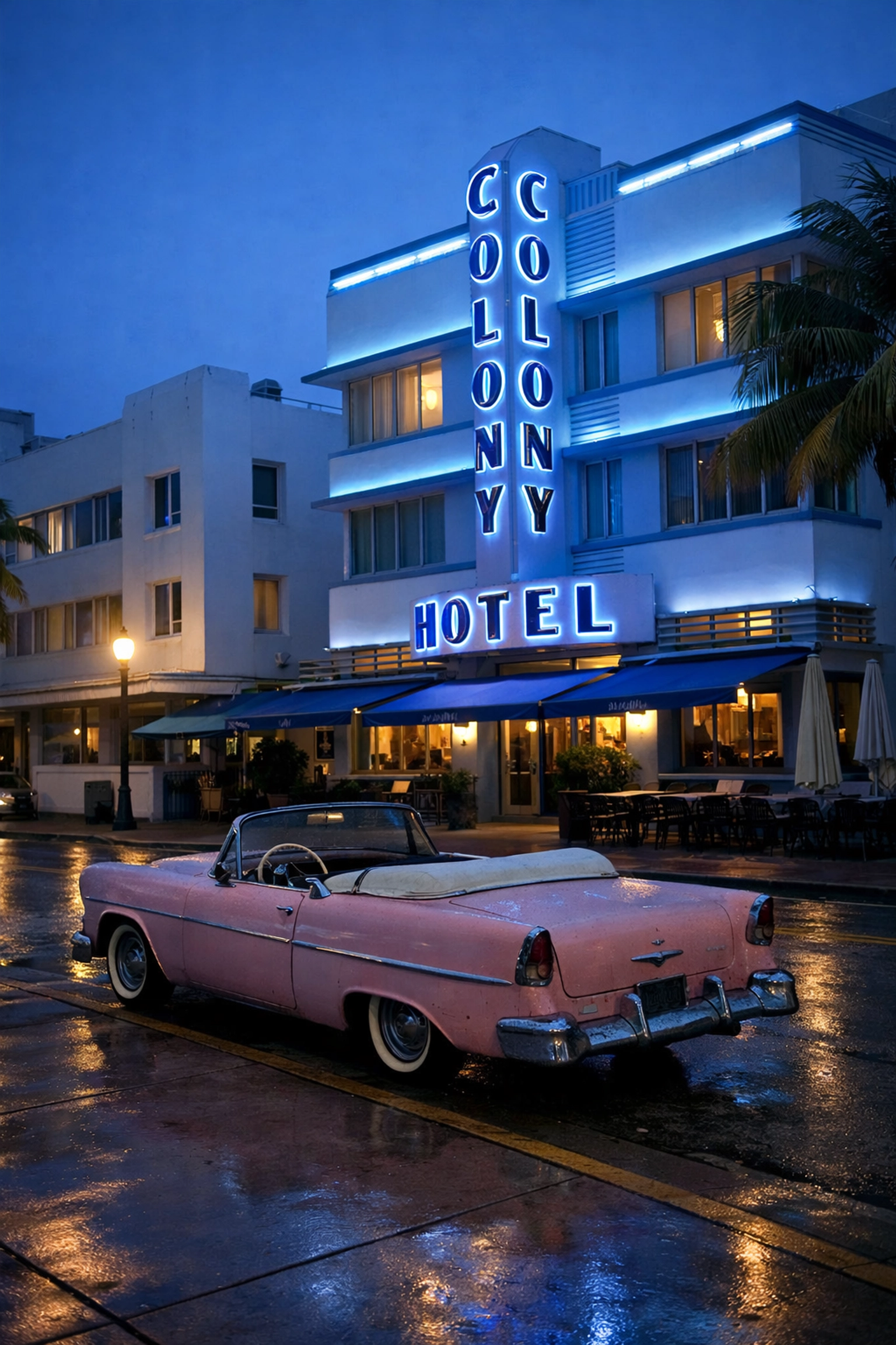 Art Deco hotel and vintage car on Ocean Drive during blue hour in Miami Beach.