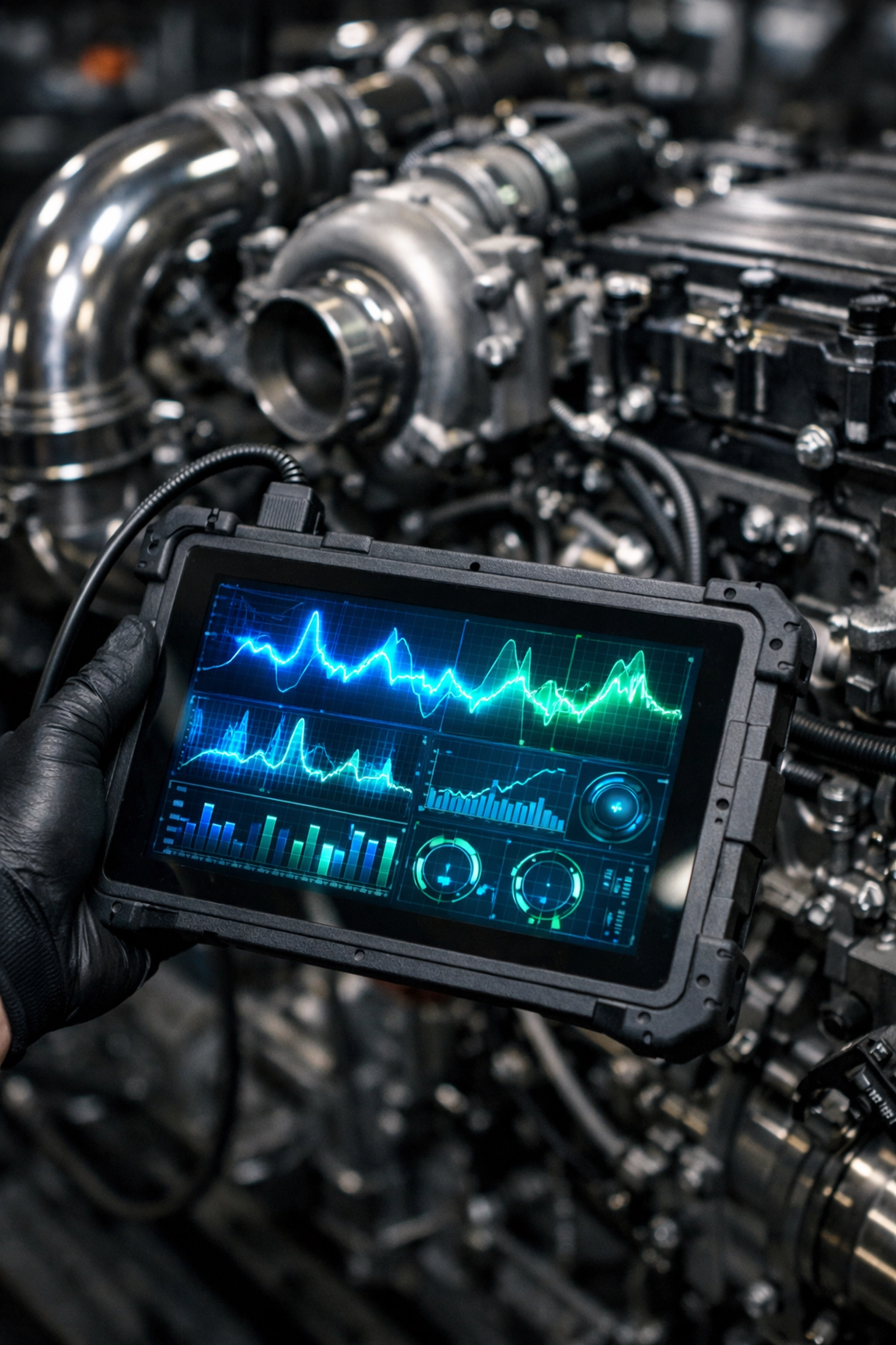 Professional diesel engine repair technician using advanced software to diagnose heavy-duty truck issues.
