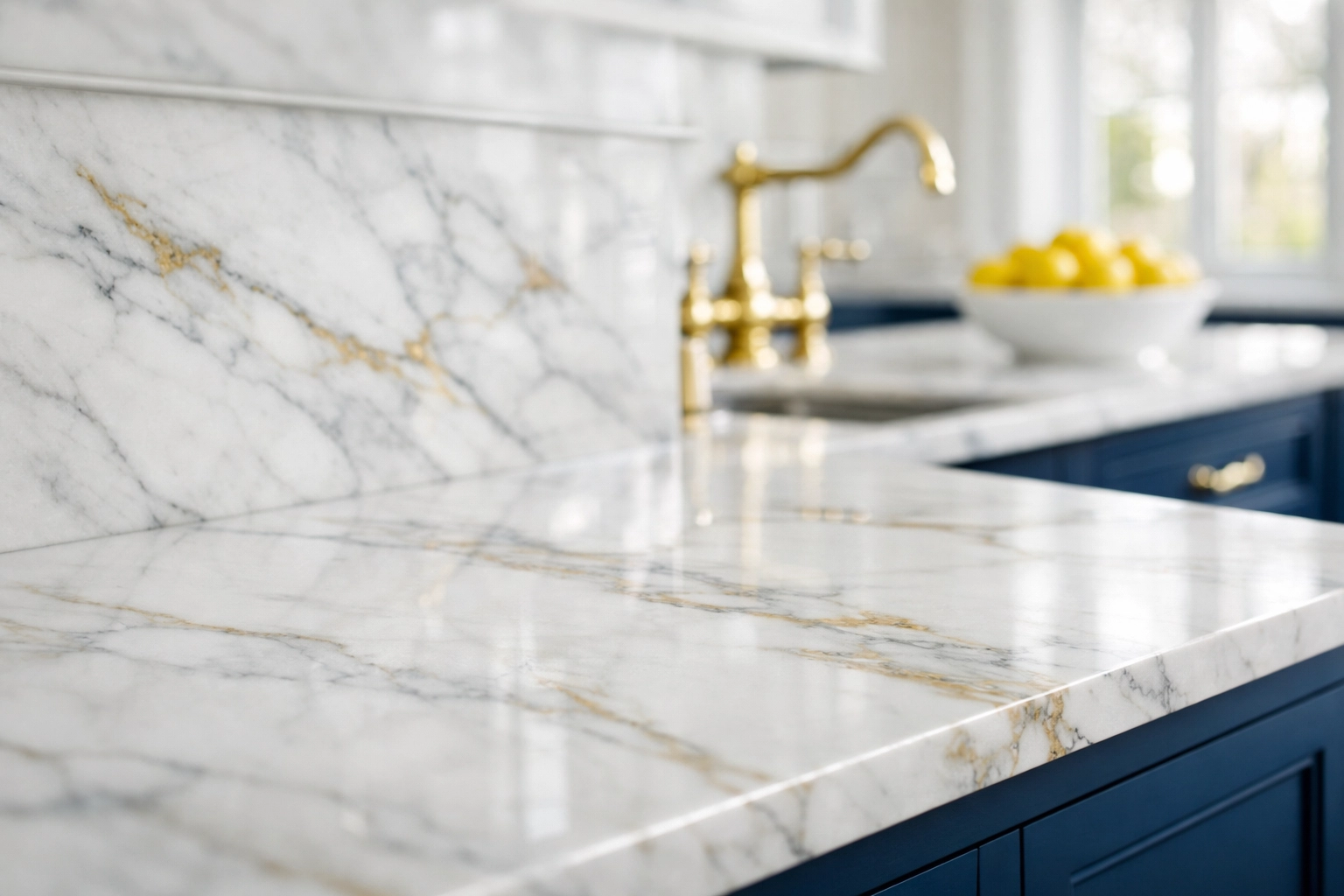 Polished marble countertop in a historic kitchen maintained with luxury house cleaning in Brookline MA.
