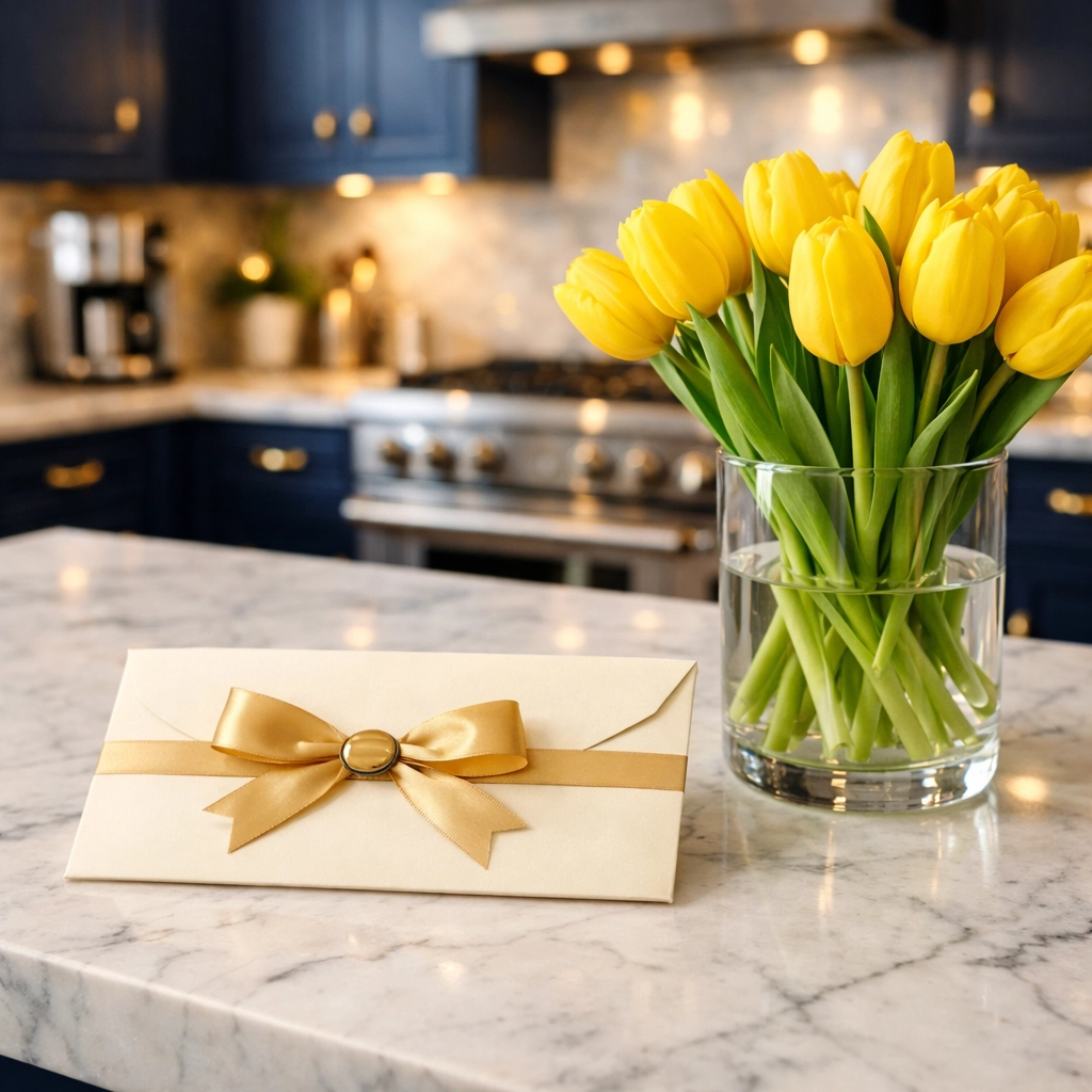 House cleaning gift card on a clean marble counter, a perfect stress-relief gift for new parents.