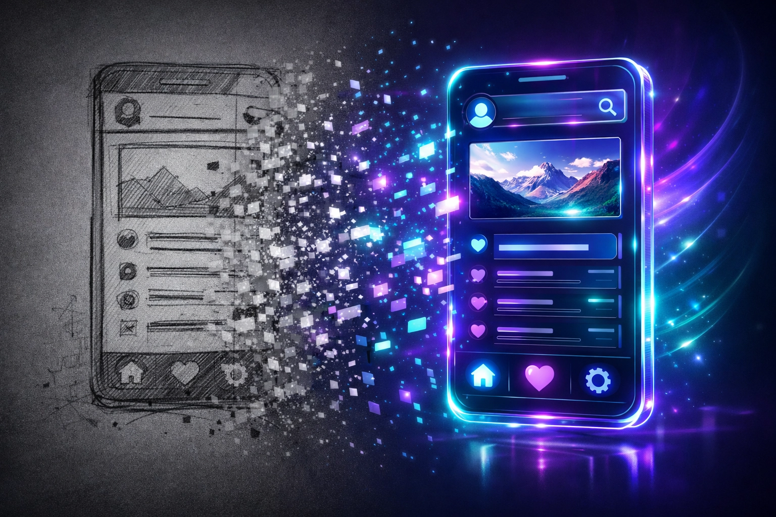 Visual transition from a rough sketch to a high-fidelity interactive mobile app prototype.