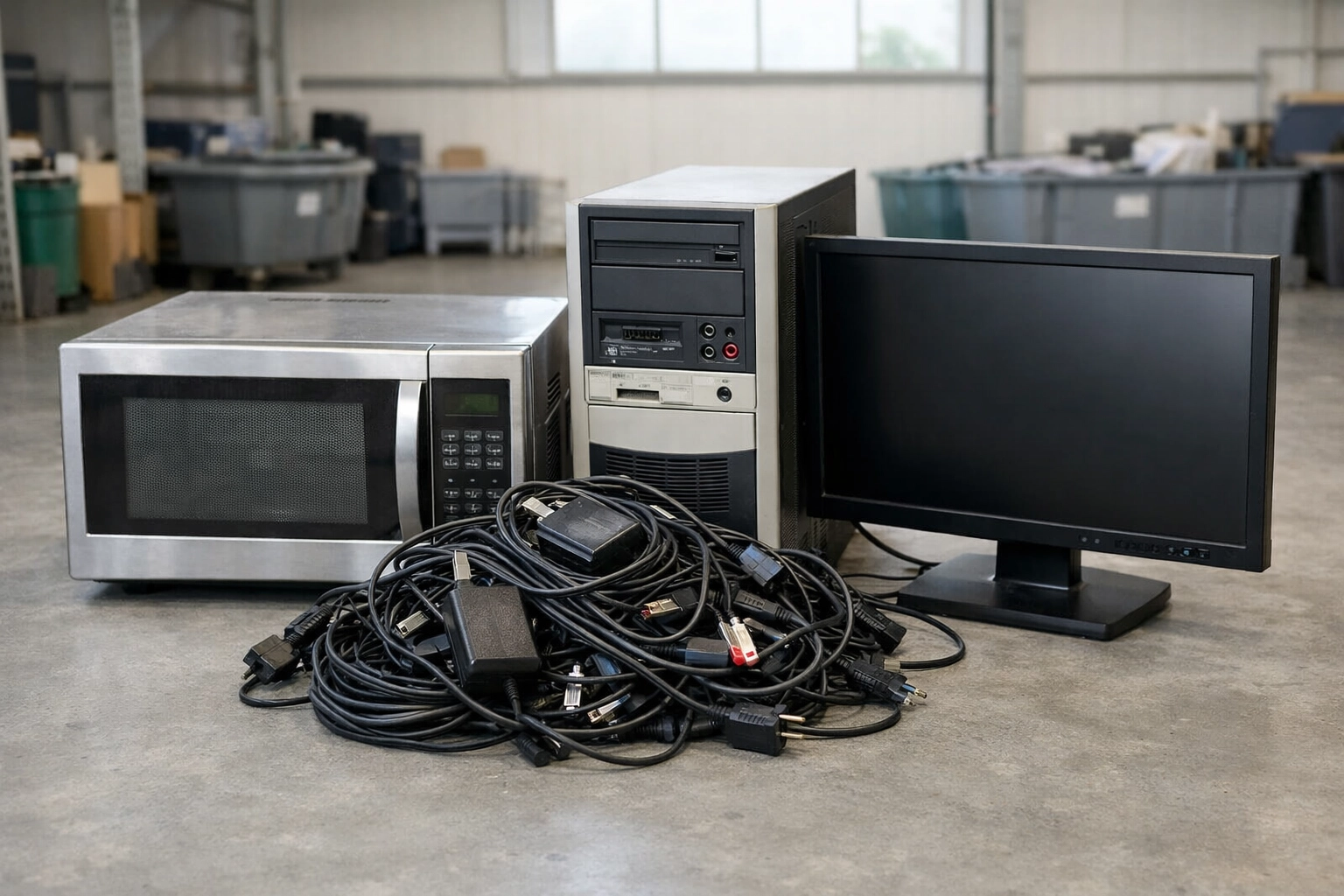 Household e-waste like microwaves and computers ready for WEEE recycling in a professional facility.