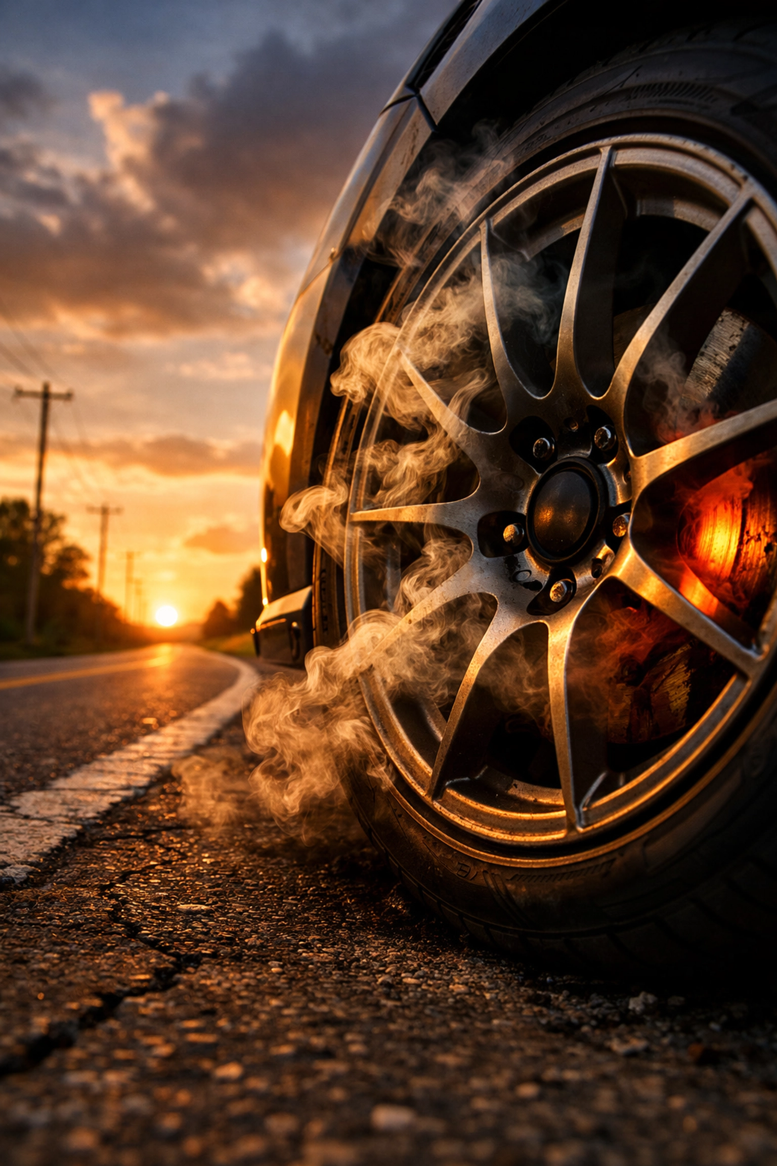 Smoke and heat coming from an overheated car wheel, requiring urgent inspection by a mechanic.